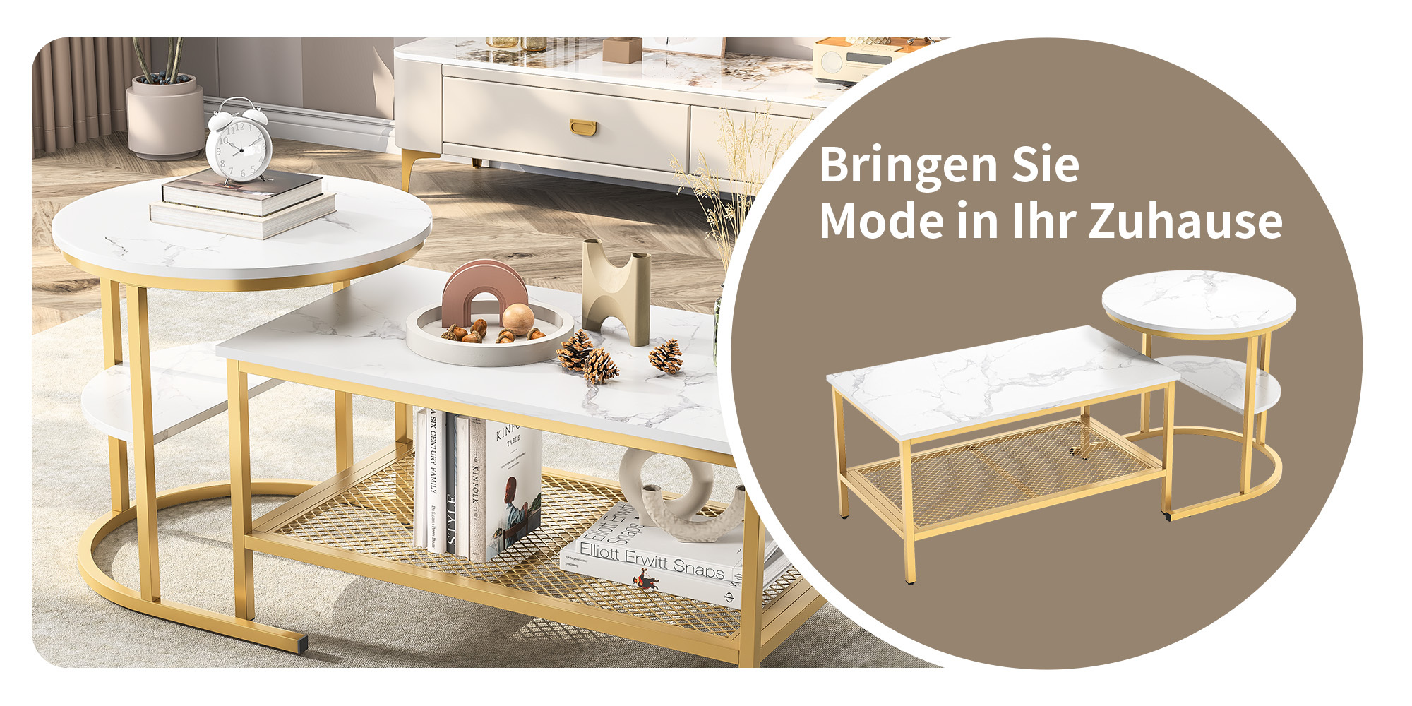 Ensemble tables gigognes dorées avec plateau marbre, 2 tables grande et petite, utilisation combinée ou séparée, étagère de rangement, pour salon, style light luxury, flexible, s'adapte à différents espaces - image 4
