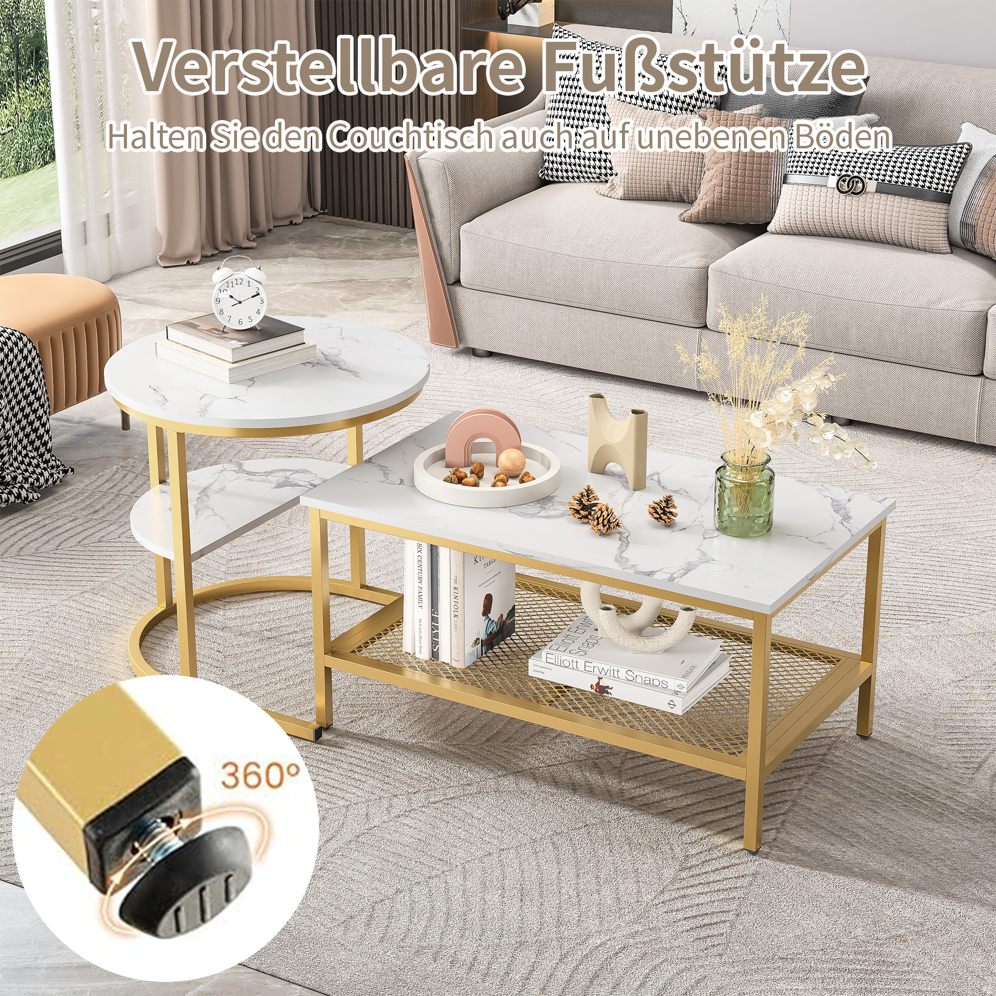 Ensemble tables gigognes dorées avec plateau marbre, 2 tables grande et petite, utilisation combinée ou séparée, étagère de rangement, pour salon, style light luxury, flexible, s'adapte à différents espaces - image 7