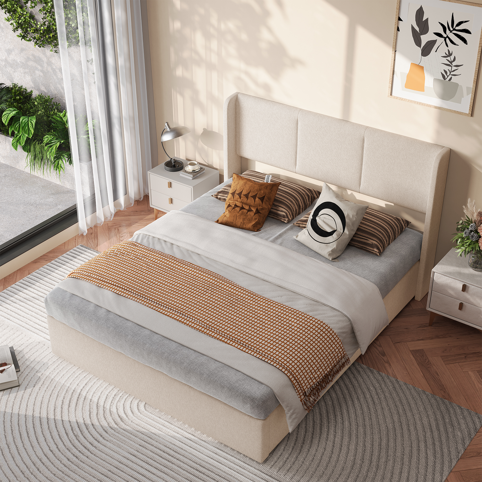 Lit coffre double 160 x 200 cm, lin, beige — visuel 1