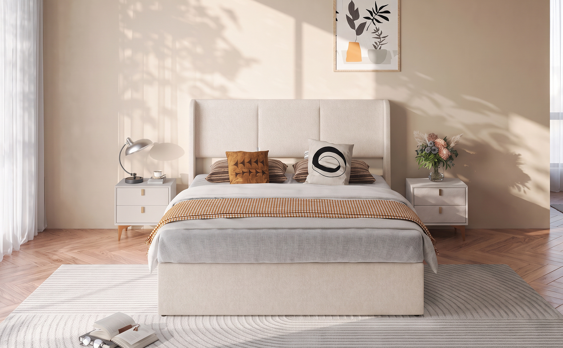 Lit coffre double 160 x 200 cm, lin, beige — visuel 2
