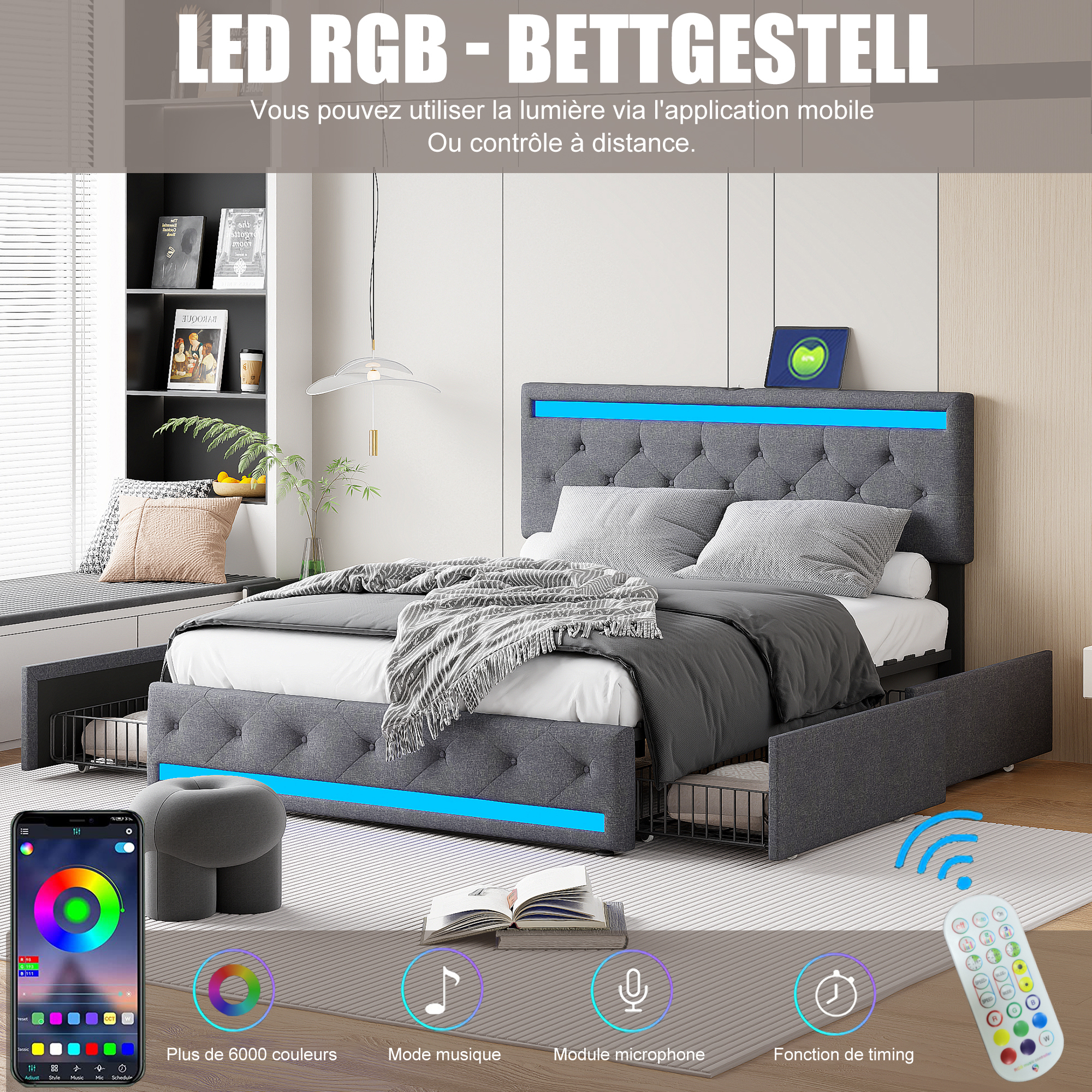 Lit double 140 x 200 cm avec 4 tiroirs, éclairage LED, ports USB et USB-C, lin, gris — visuel 3