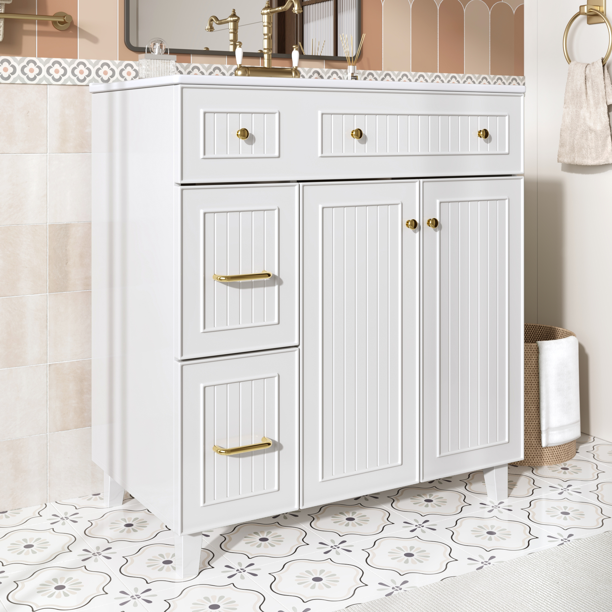 Meuble vasque de salle de bains, rangement intégré, 81,7 x 46,8 x 90 cm, bois massif et céramique, blanc - vue 9