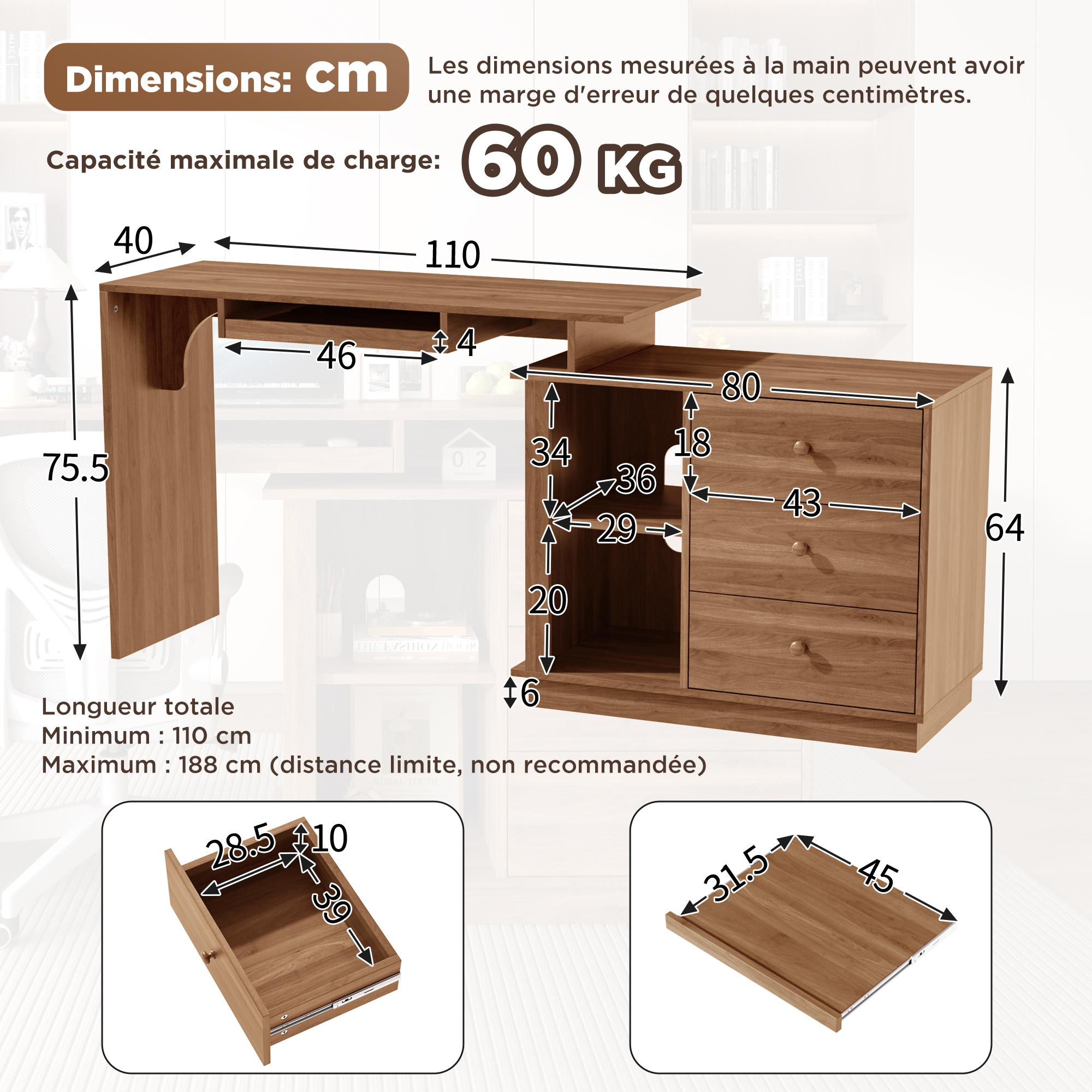 Bureau extensible avec rangement, bureau informatique 110 x 40 cm avec tablette clavier, 3 tiroirs et 2 niches, effet noyer