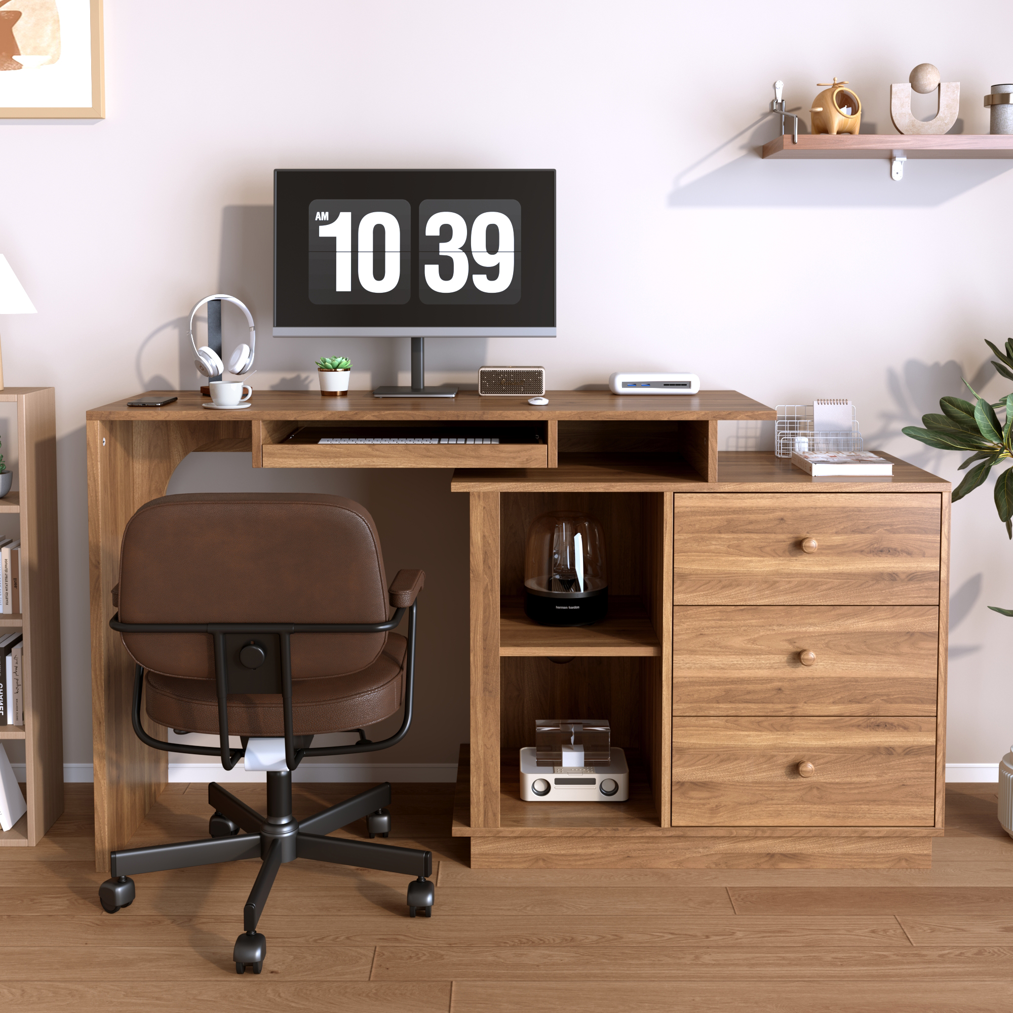 Bureau extensible avec rangement, bureau informatique 110 x 40 cm avec tablette clavier, 3 tiroirs et 2 niches, effet noyer
