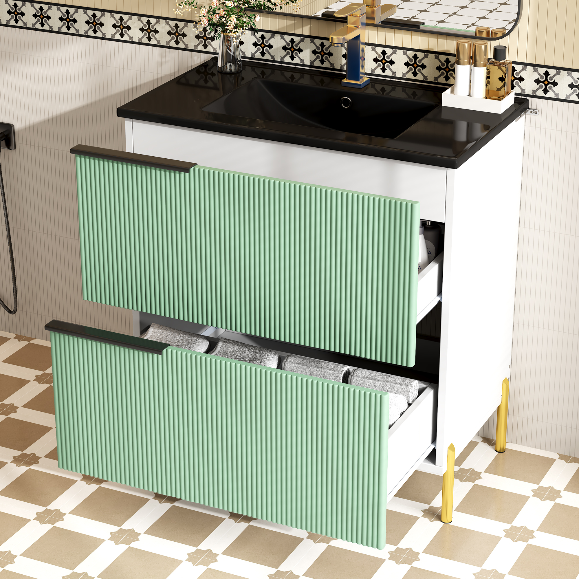 Meuble vasque de salle de bains, avec tiroirs, 81,5 x 47 x 90 cm, céramique et MDF, vert - vue 2