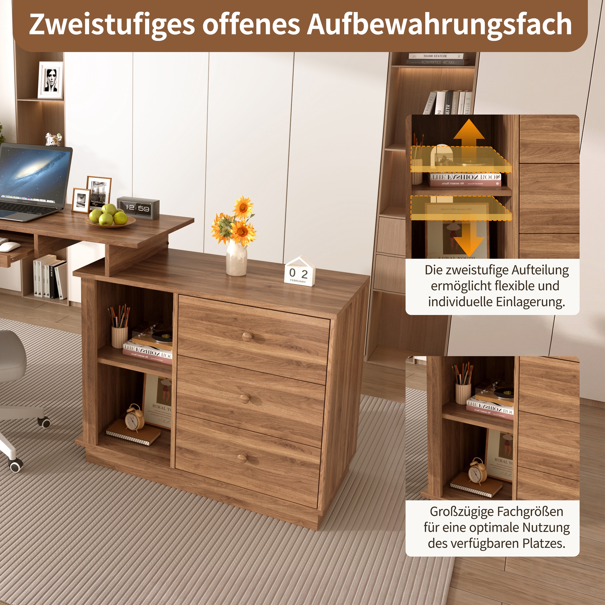 Bureau extensible avec rangement, bureau informatique 110 x 40 cm avec tablette clavier, 3 tiroirs et 2 niches, effet noyer
