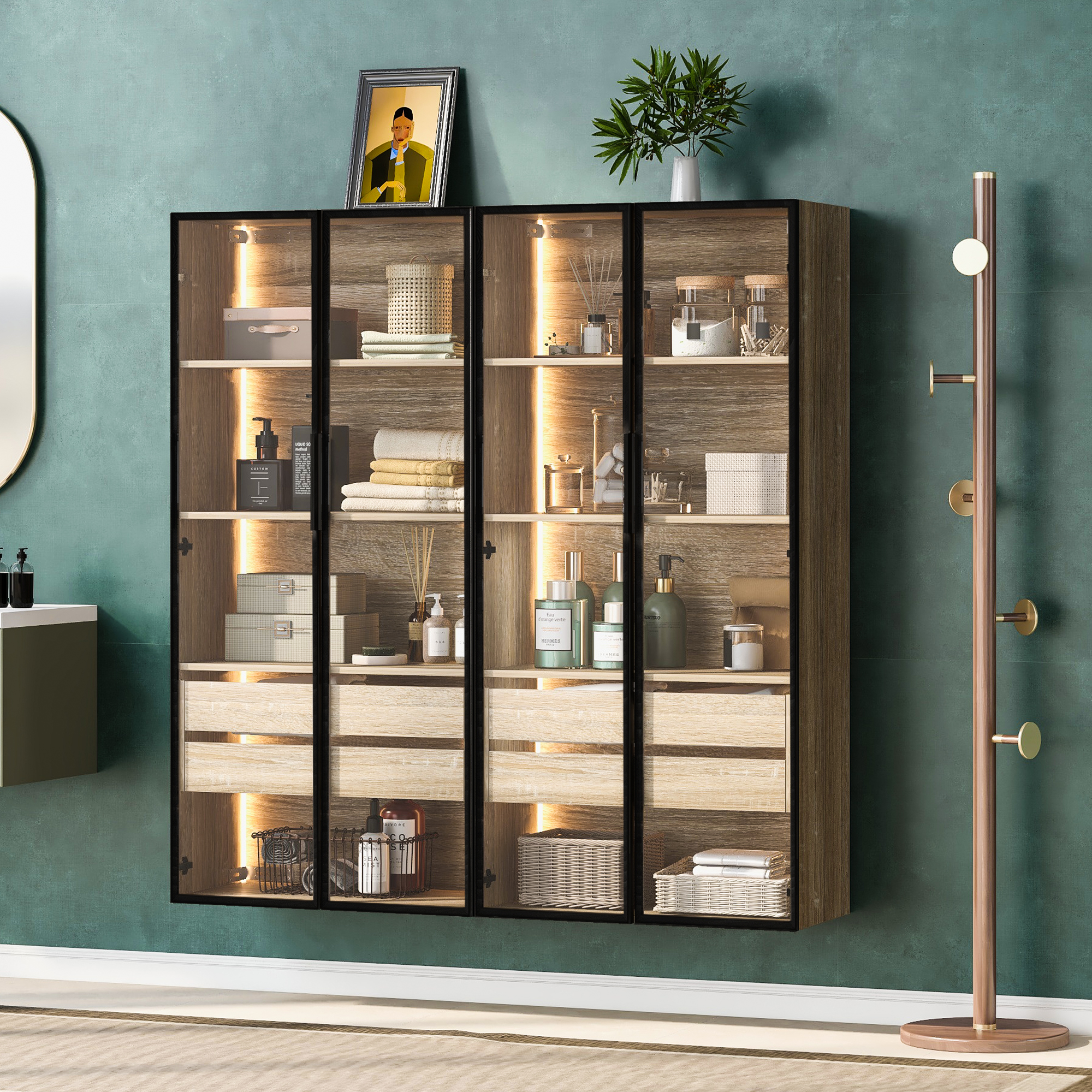 2er-Set  Badezimmerschrank, mittel, mit Lichtleist