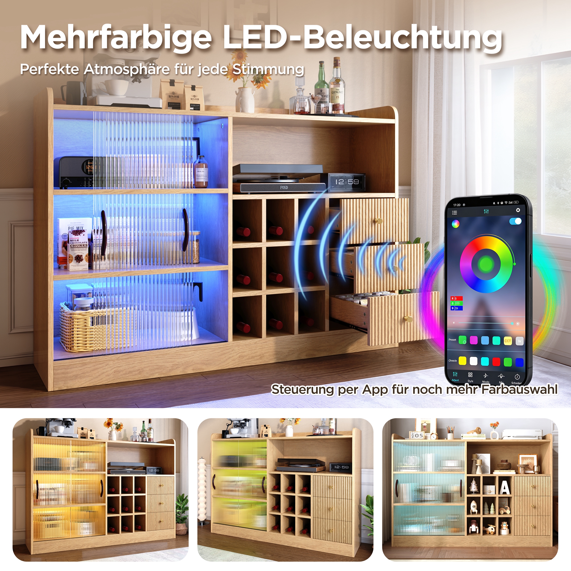 Buffet de rangement, rangement intégré, éclairage led, éléments en verre, 120 x 30 x 85 cm, panneaux de particules et verre, transparent - vue 9