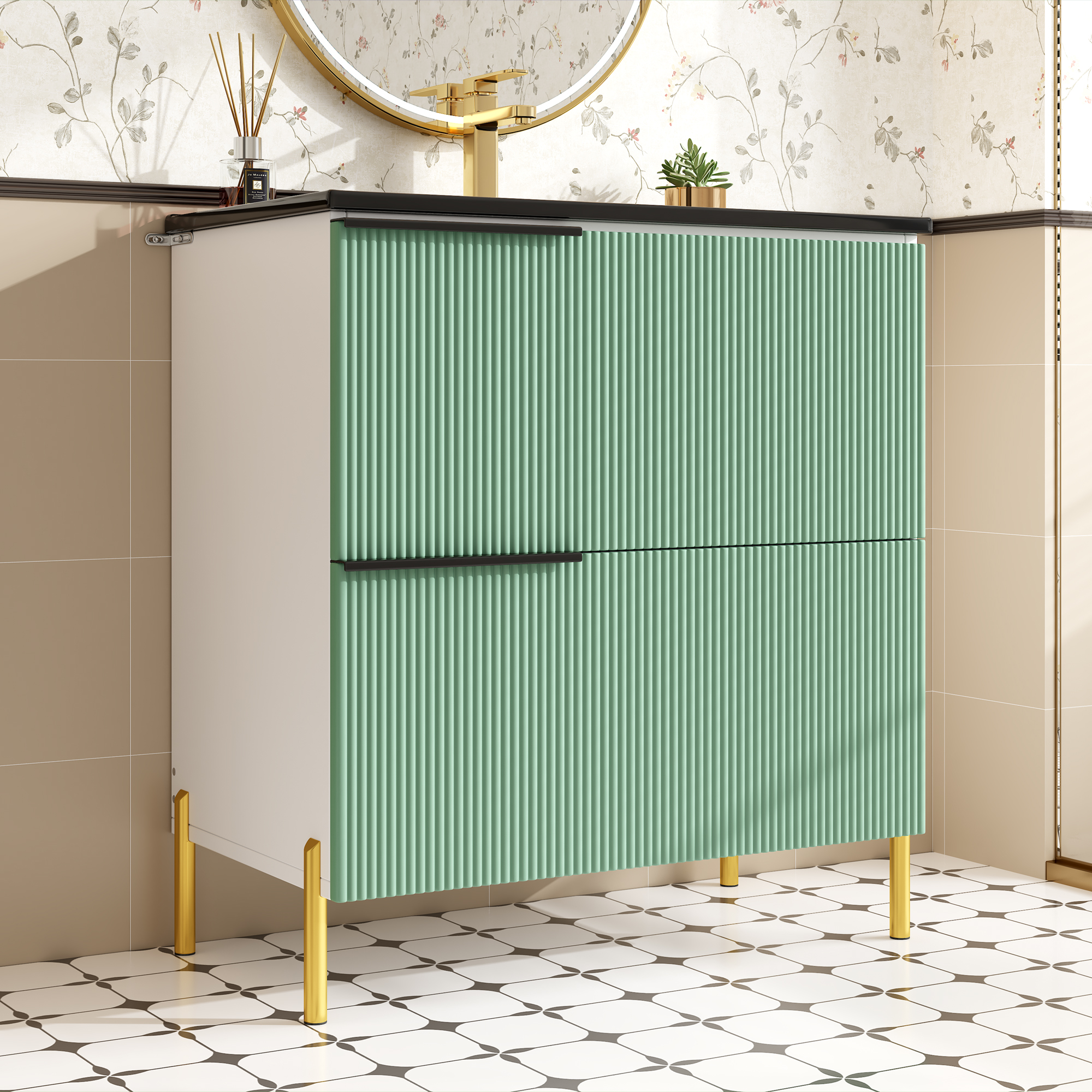 Meuble vasque de salle de bains, avec tiroirs, 81,5 x 47 x 90 cm, céramique et MDF, vert - vue 3