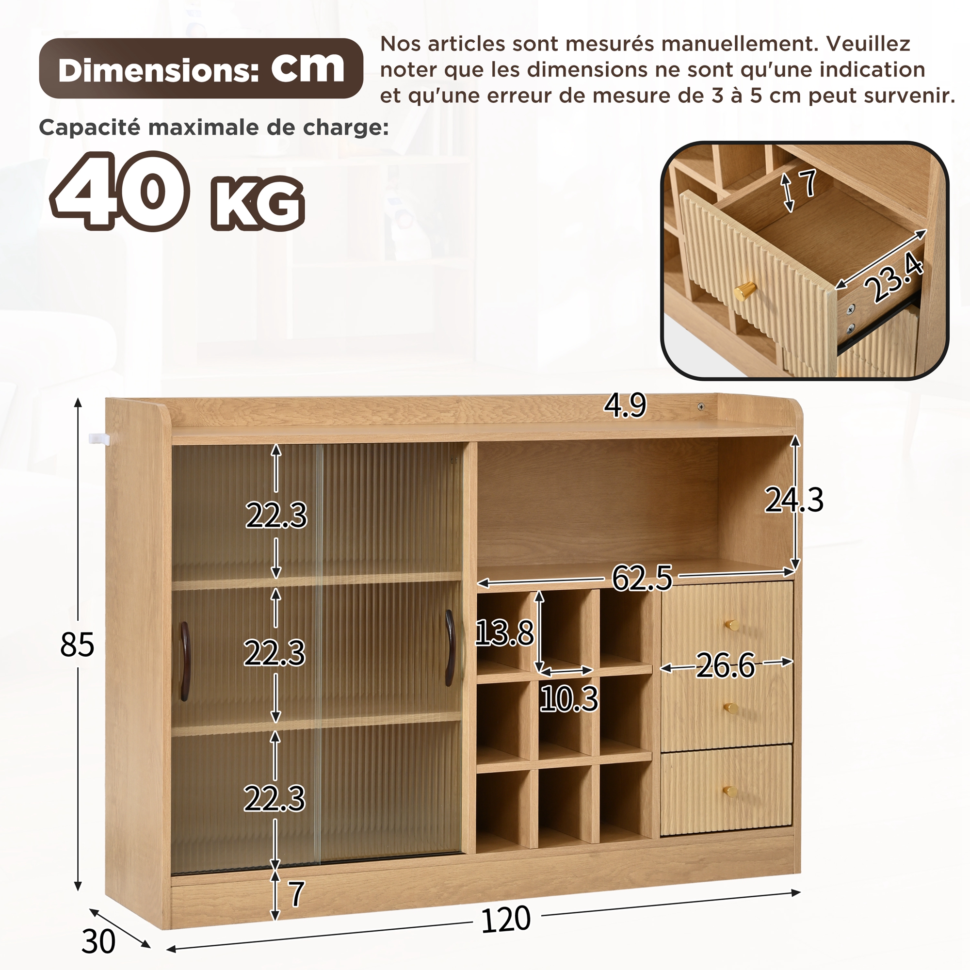 Buffet de rangement, rangement intégré, éclairage led, éléments en verre, 120 x 30 x 85 cm, panneaux de particules et verre, transparent - vue 6