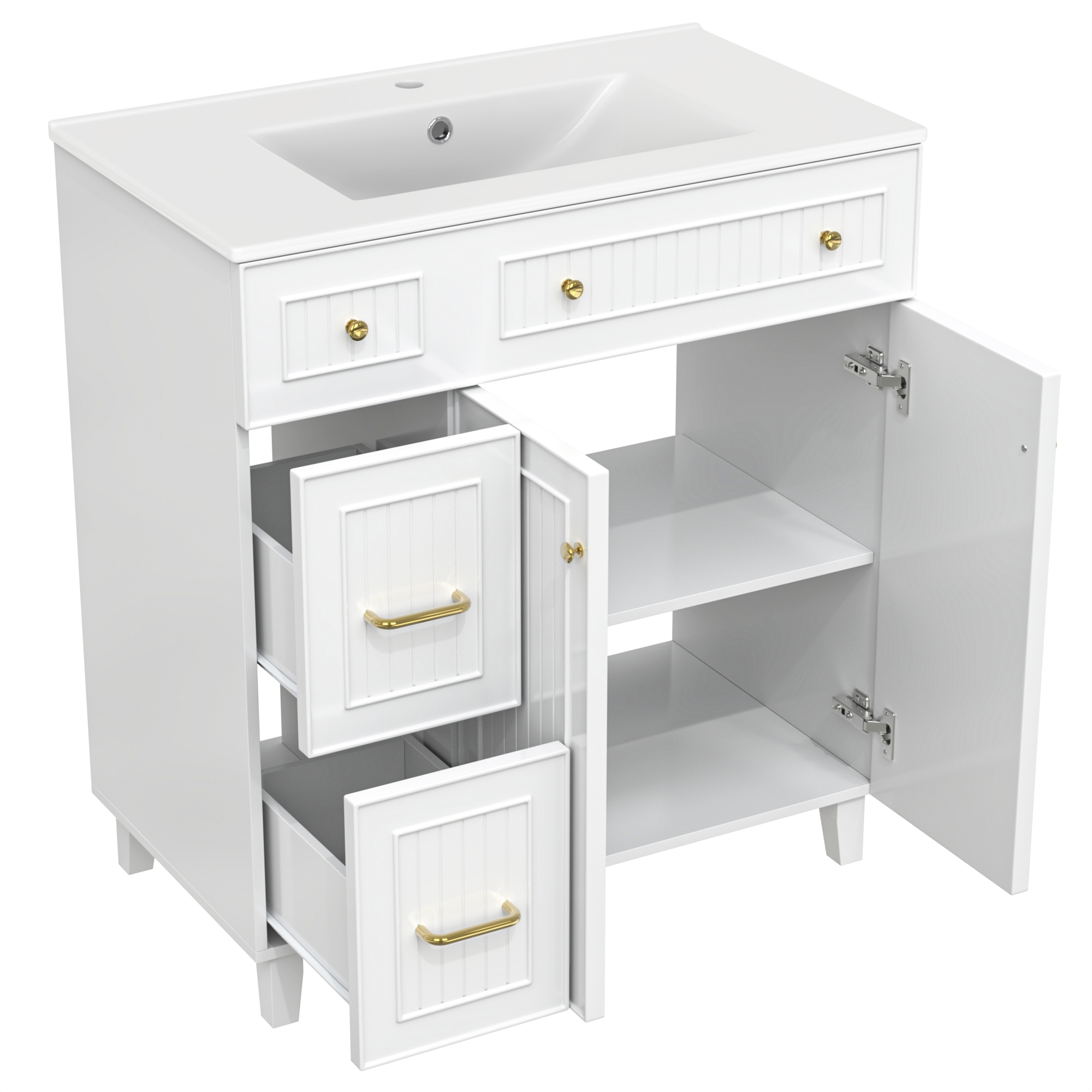 Meuble vasque de salle de bains, rangement intégré, 81,7 x 46,8 x 90 cm, bois massif et céramique, blanc - vue 8