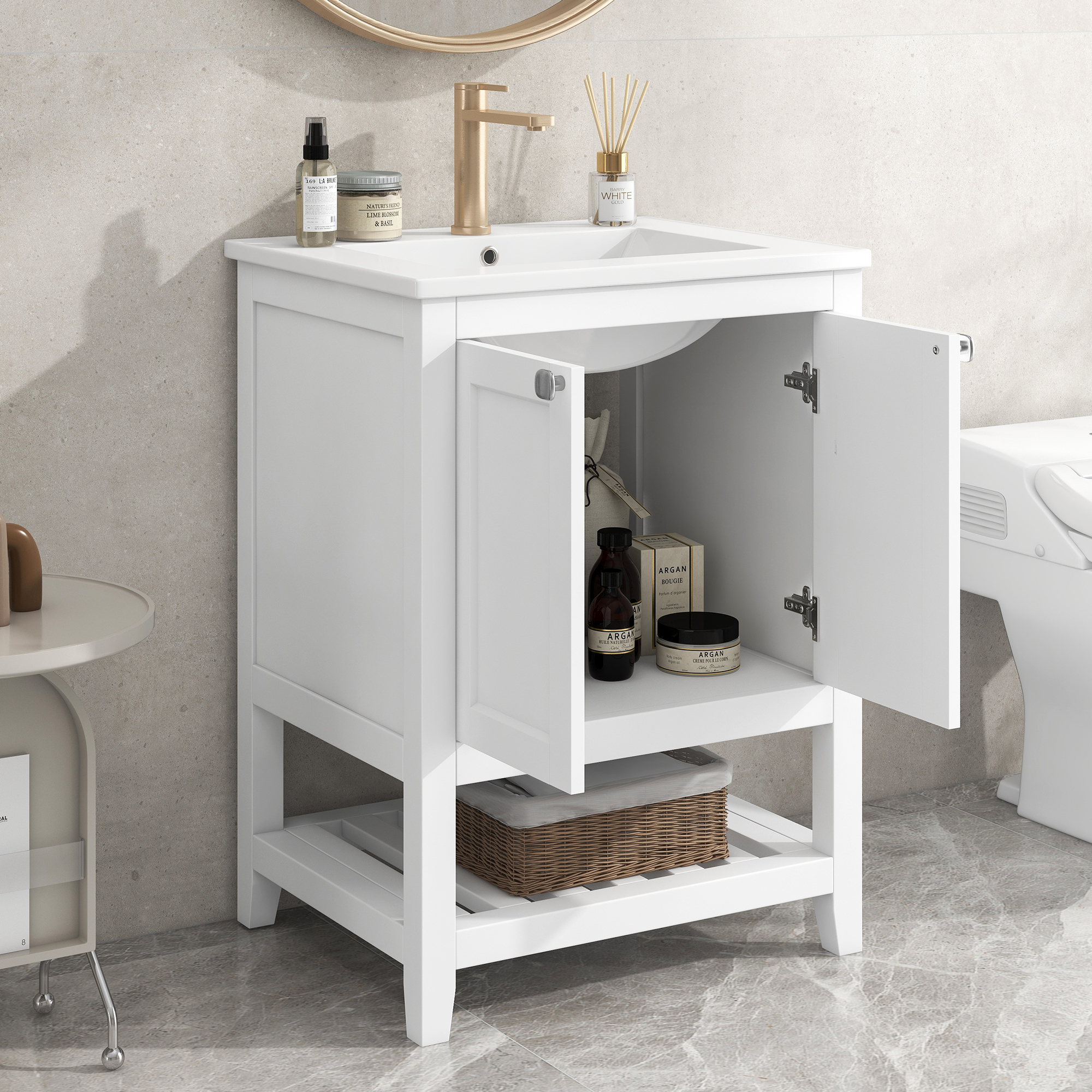 Meuble vasque de salle de bains, 61 x 46 x 90 cm, bois massif et céramique, blanc - vue 3