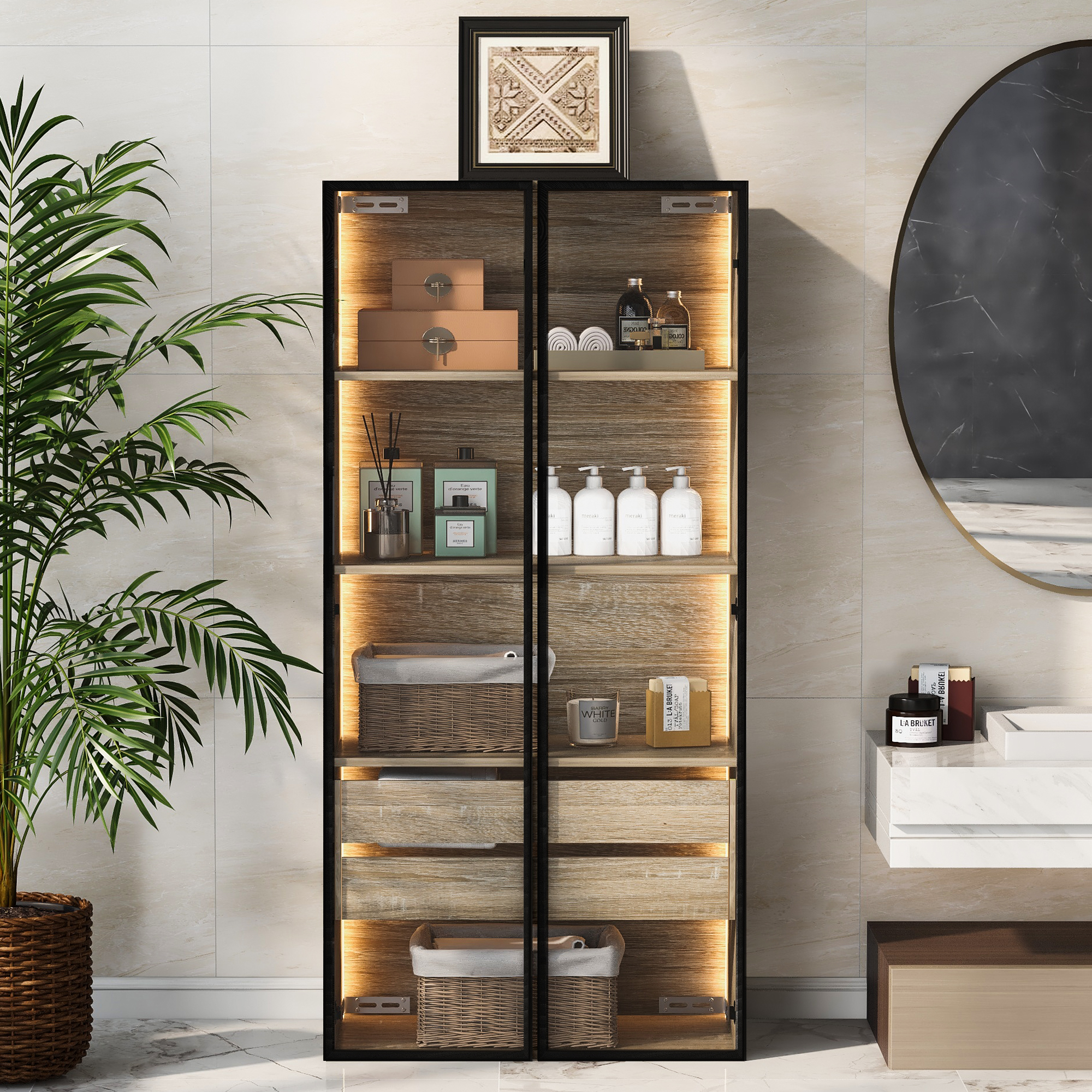 Badezimmerschrank, mittel, mit Lichtleiste, 73 cm 