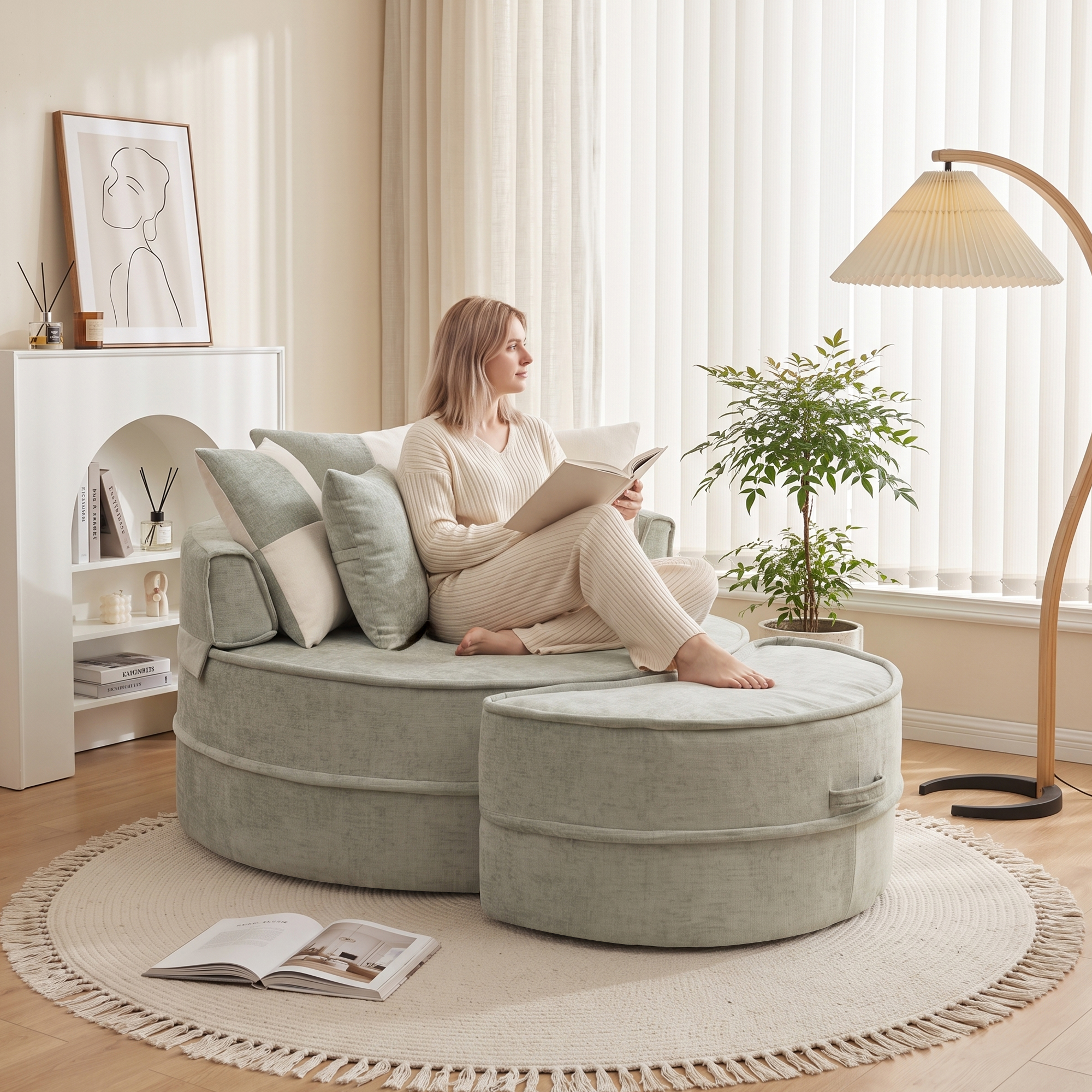Canapé rond vert menthe avec 5 coussins et pouf - vue 4