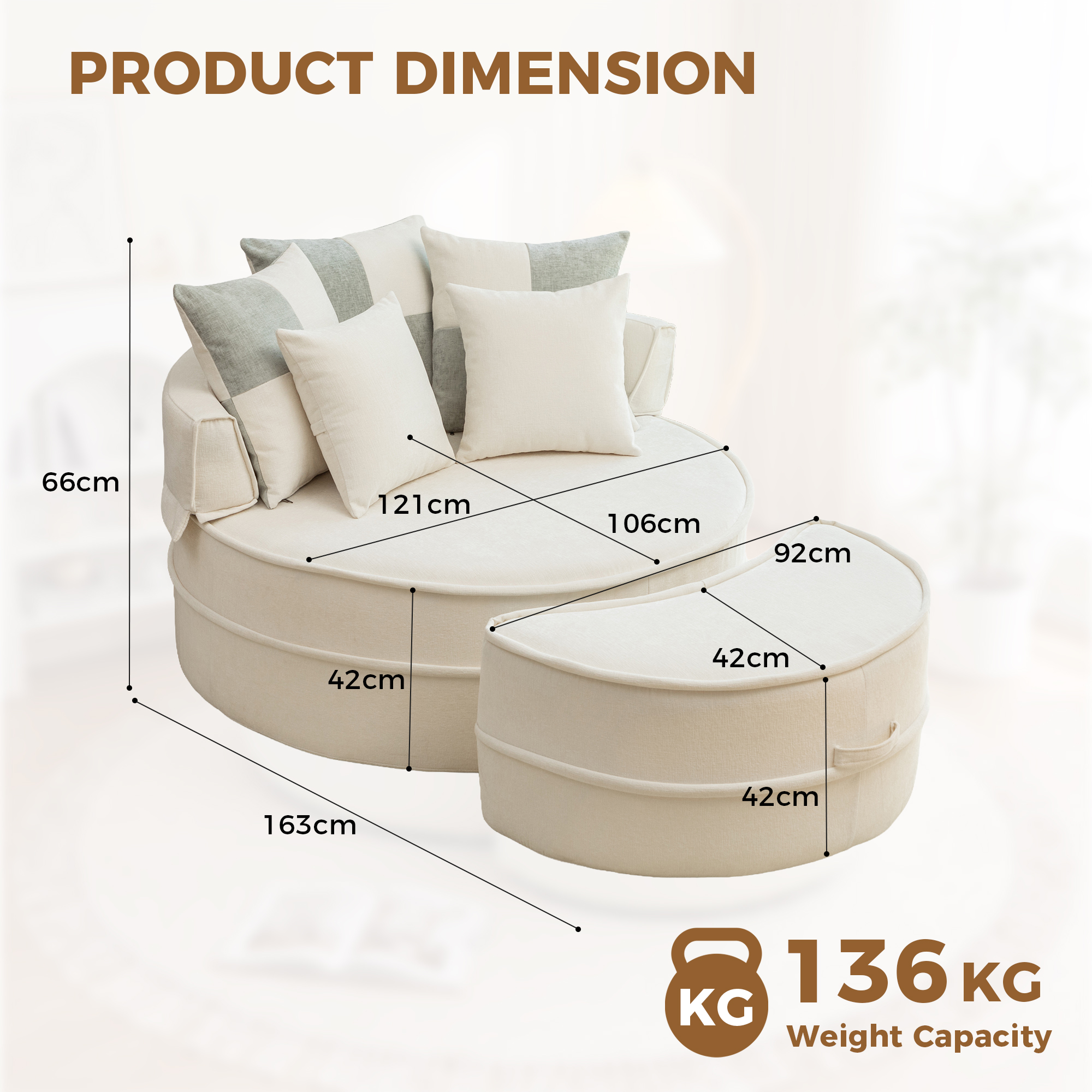 Canapé rond beige avec 5 coussins et pouf 163x121x66 cm - vue 4