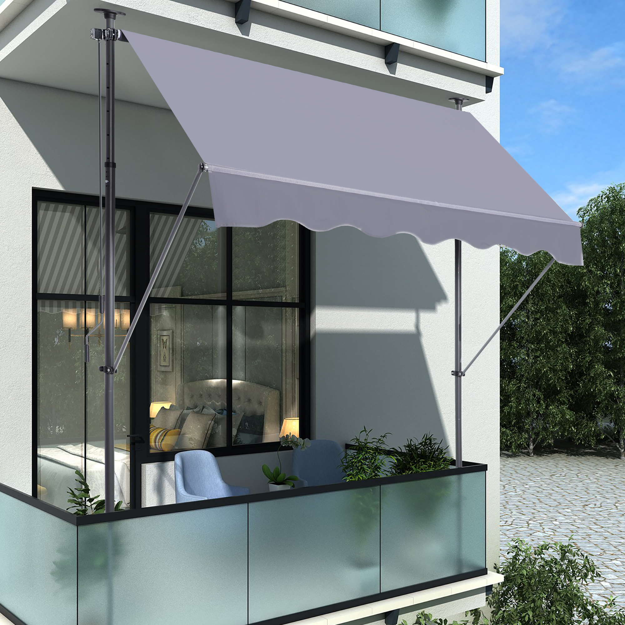 Dimensions L200×B150 cm, manivelle 1,2 m, notice fournie