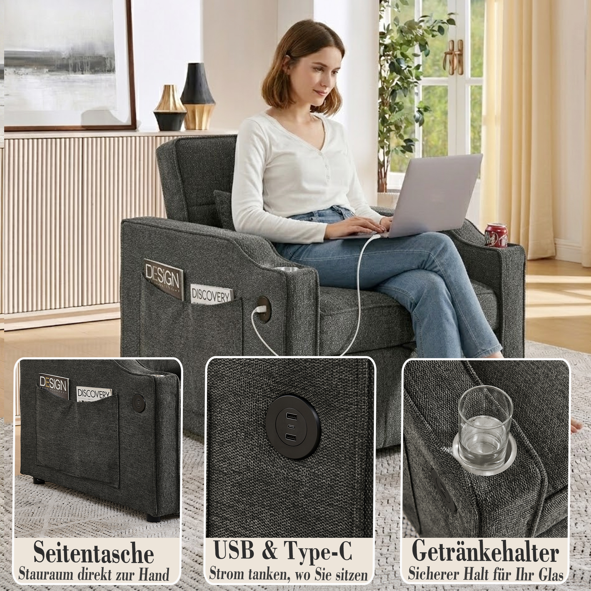 Fauteuil inclinable électrique avec USB et USB-C dans accoudoir, porte-gobelet acier inoxydable, poches latérales, montage rapide, pour salon et home cinéma, confort et technologie, massage et détente - image 8