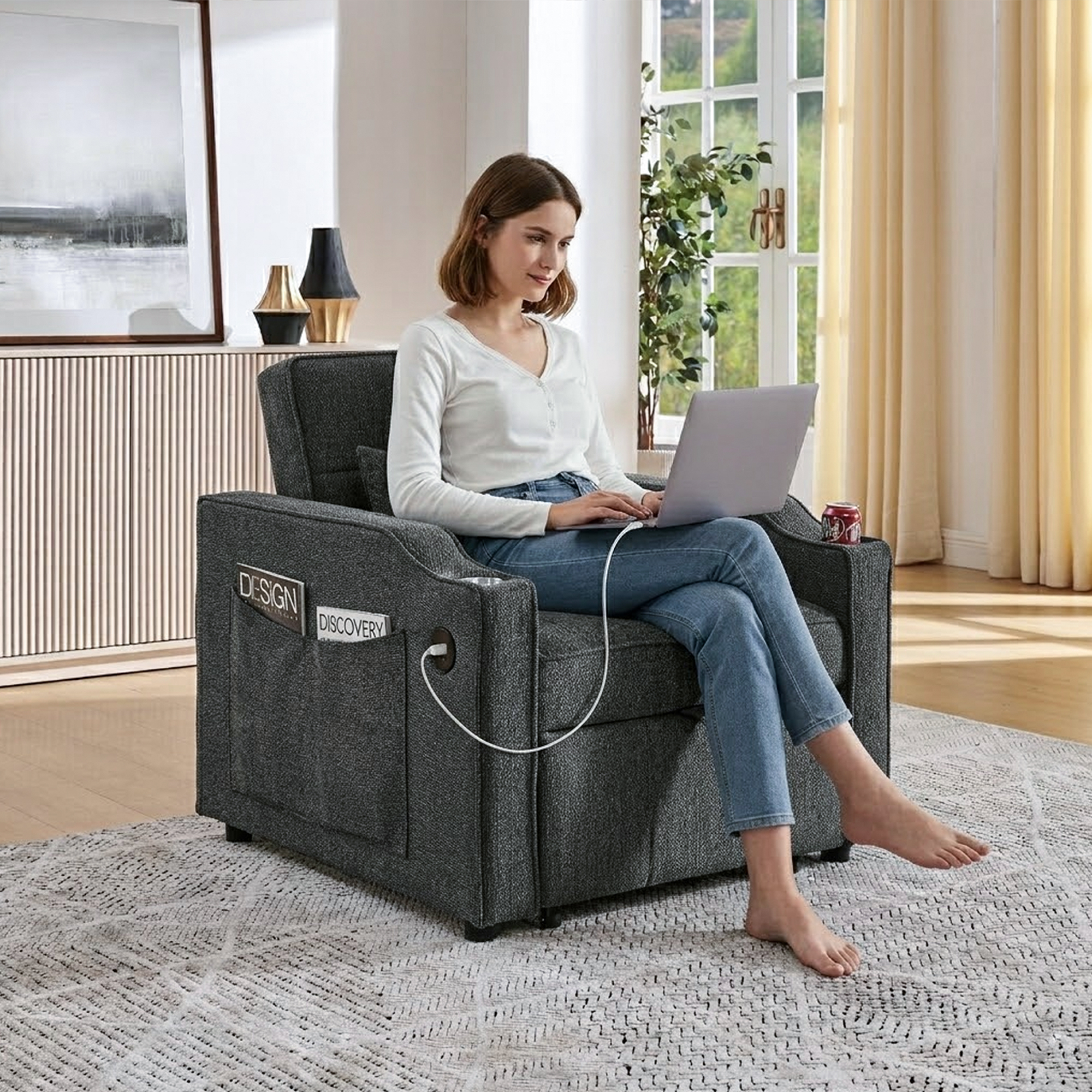 Fauteuil inclinable électrique avec USB et USB-C dans accoudoir, porte-gobelet acier inoxydable, poches latérales, montage rapide, pour salon et home cinéma, confort et technologie, massage et détente - image 16