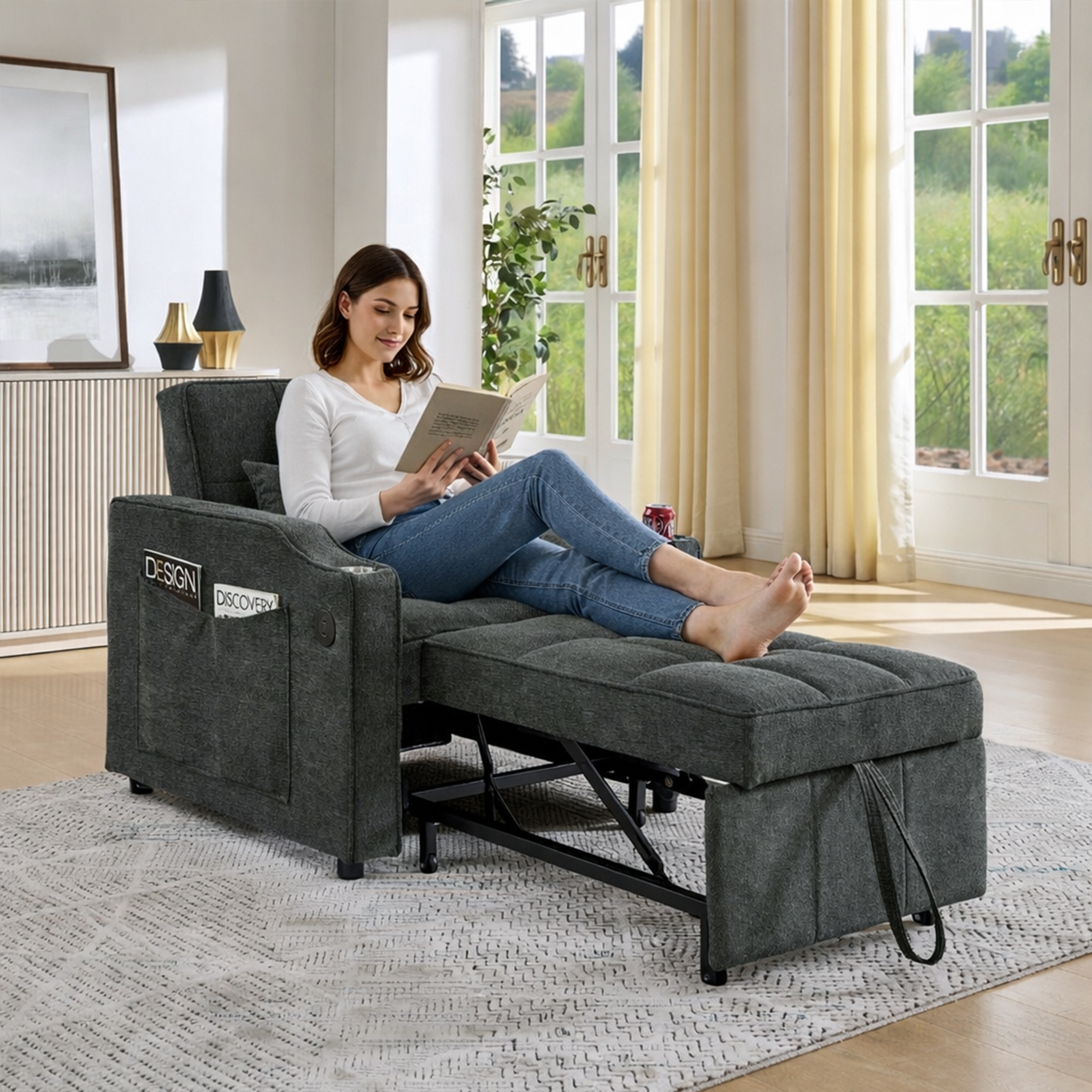Fauteuil inclinable électrique avec USB et USB-C dans accoudoir, porte-gobelet acier inoxydable, poches latérales, montage rapide, pour salon et home cinéma, confort et technologie, massage et détente - image 15