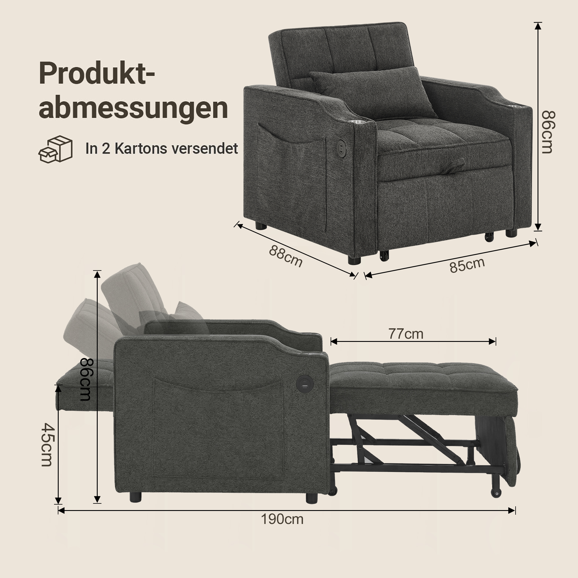 Fauteuil inclinable électrique avec USB et USB-C dans accoudoir, porte-gobelet acier inoxydable, poches latérales, montage rapide, pour salon et home cinéma, confort et technologie, massage et détente - image 5