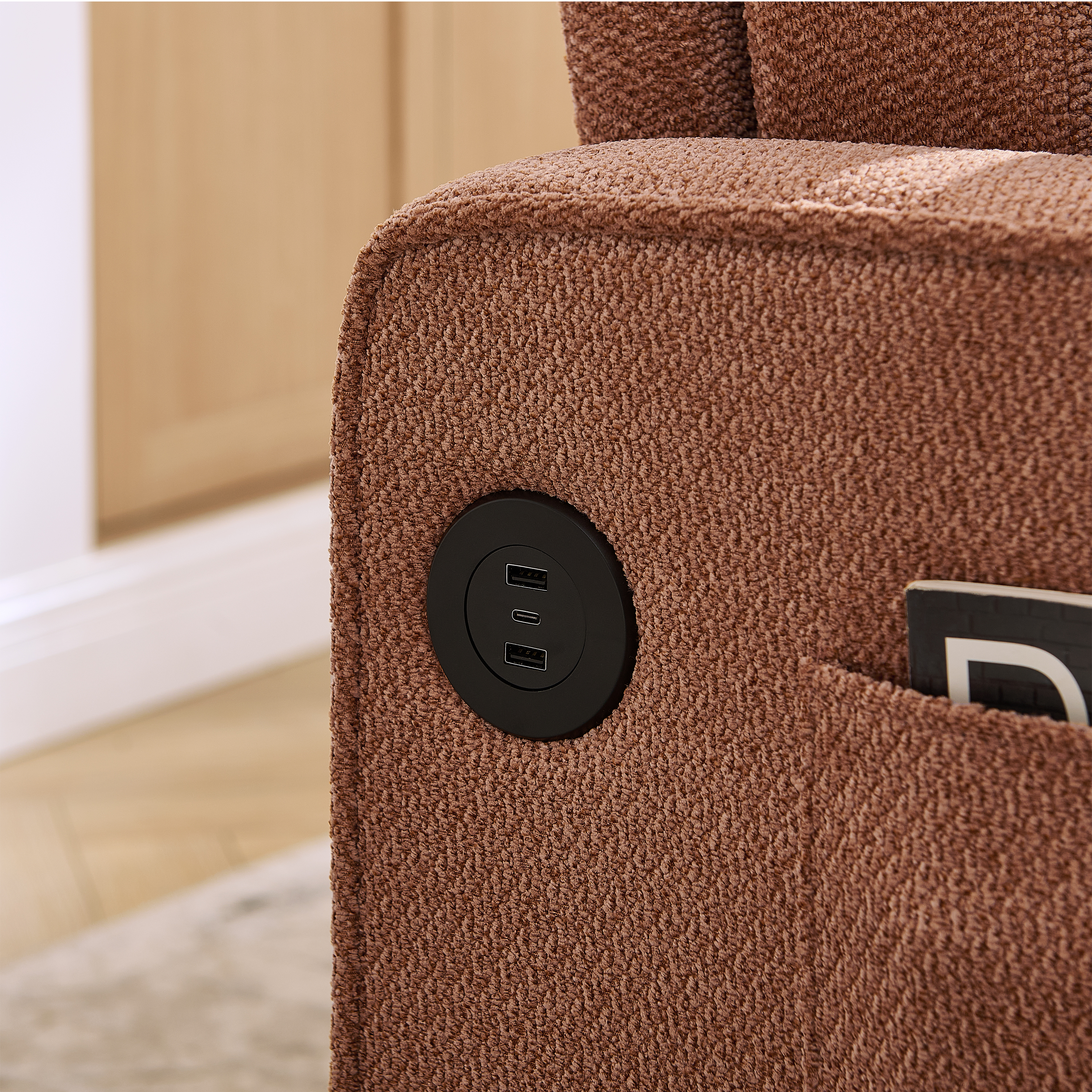 Canapé convertible, ports USB, prises et recharge intégrées, 195 x 134 x 73 cm, tissu et bois, Orange - vue 5