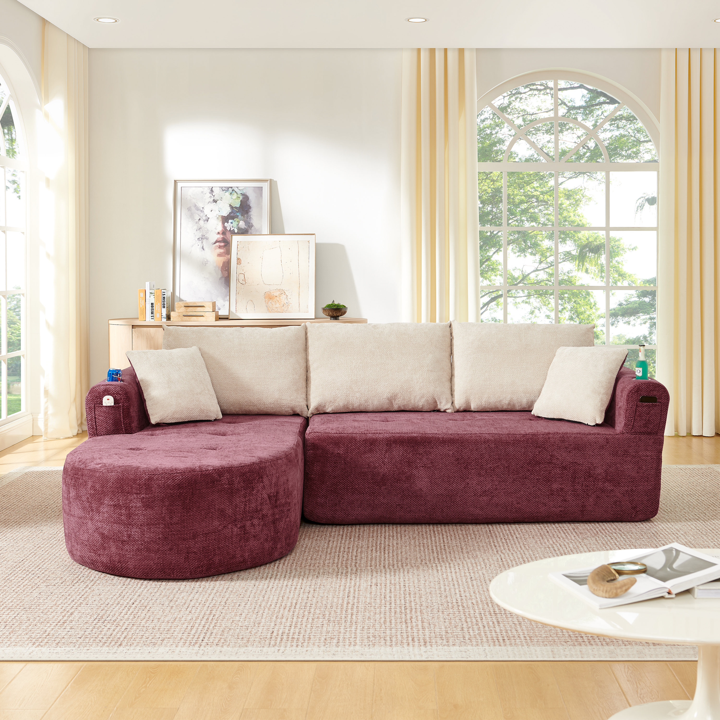 Canapé d’angle, sans montage, 255 x 170 x 67 cm, tissu effet lin et tissu, Claret Red - vue 4
