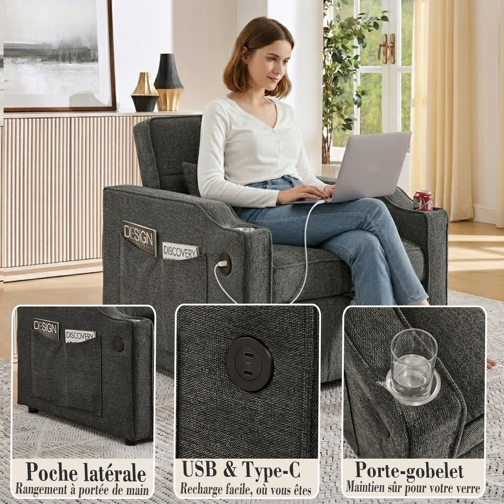 Fauteuil inclinable électrique avec USB et USB-C dans accoudoir, porte-gobelet acier inoxydable, poches latérales, montage rapide, pour salon et home cinéma, confort et technologie, massage et détente - image 14