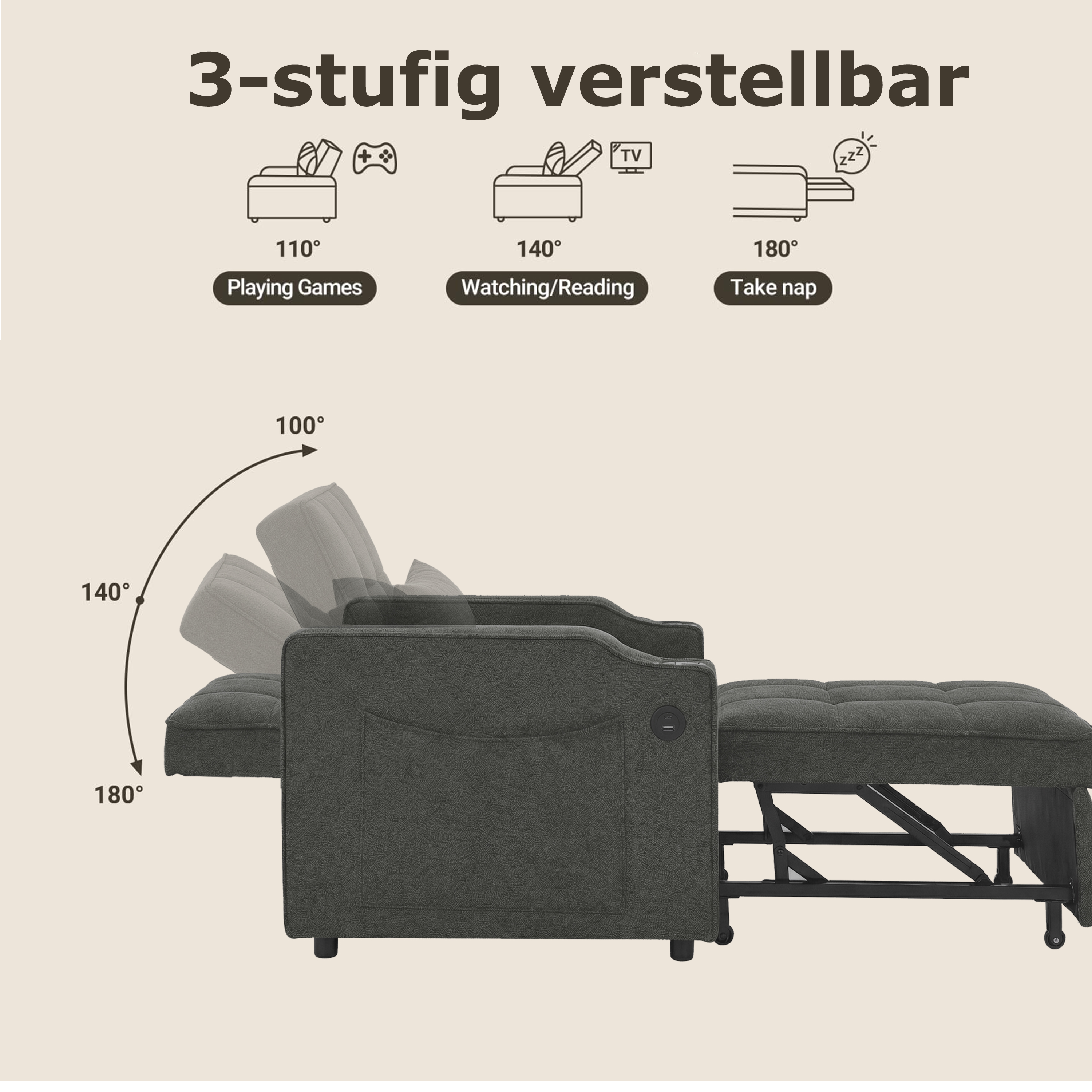 Fauteuil inclinable électrique avec USB et USB-C dans accoudoir, porte-gobelet acier inoxydable, poches latérales, montage rapide, pour salon et home cinéma, confort et technologie, massage et détente - image 10