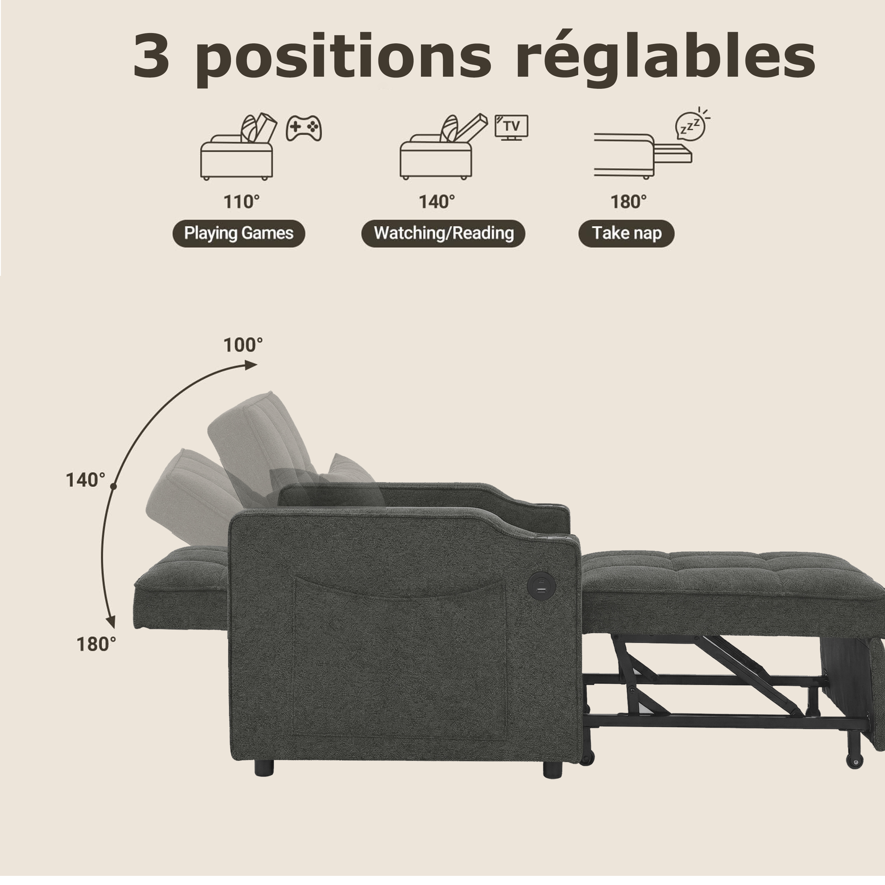 Fauteuil inclinable électrique avec USB et USB-C dans accoudoir, porte-gobelet acier inoxydable, poches latérales, montage rapide, pour salon et home cinéma, confort et technologie, massage et détente - image 13
