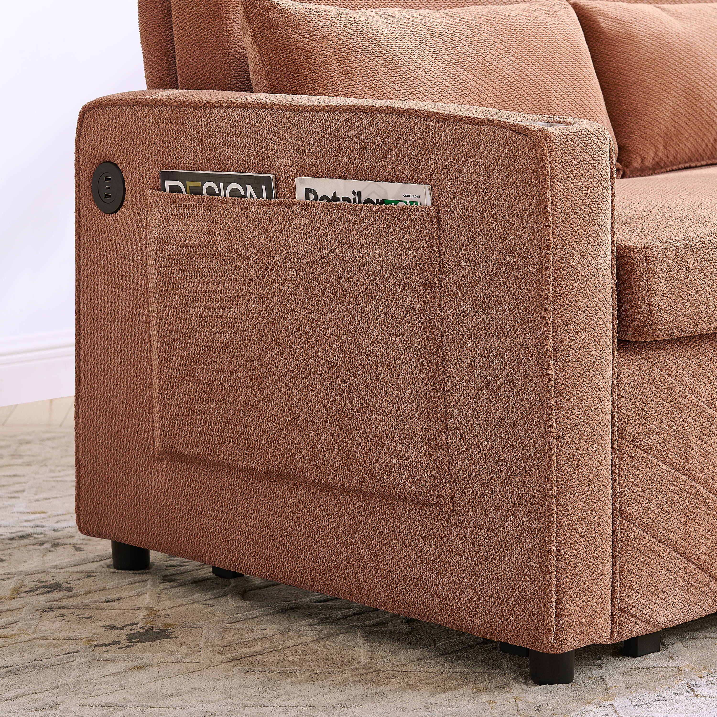 Canapé convertible, ports USB, prises et recharge intégrées, 195 x 134 x 73 cm, tissu et bois, Orange - vue 4