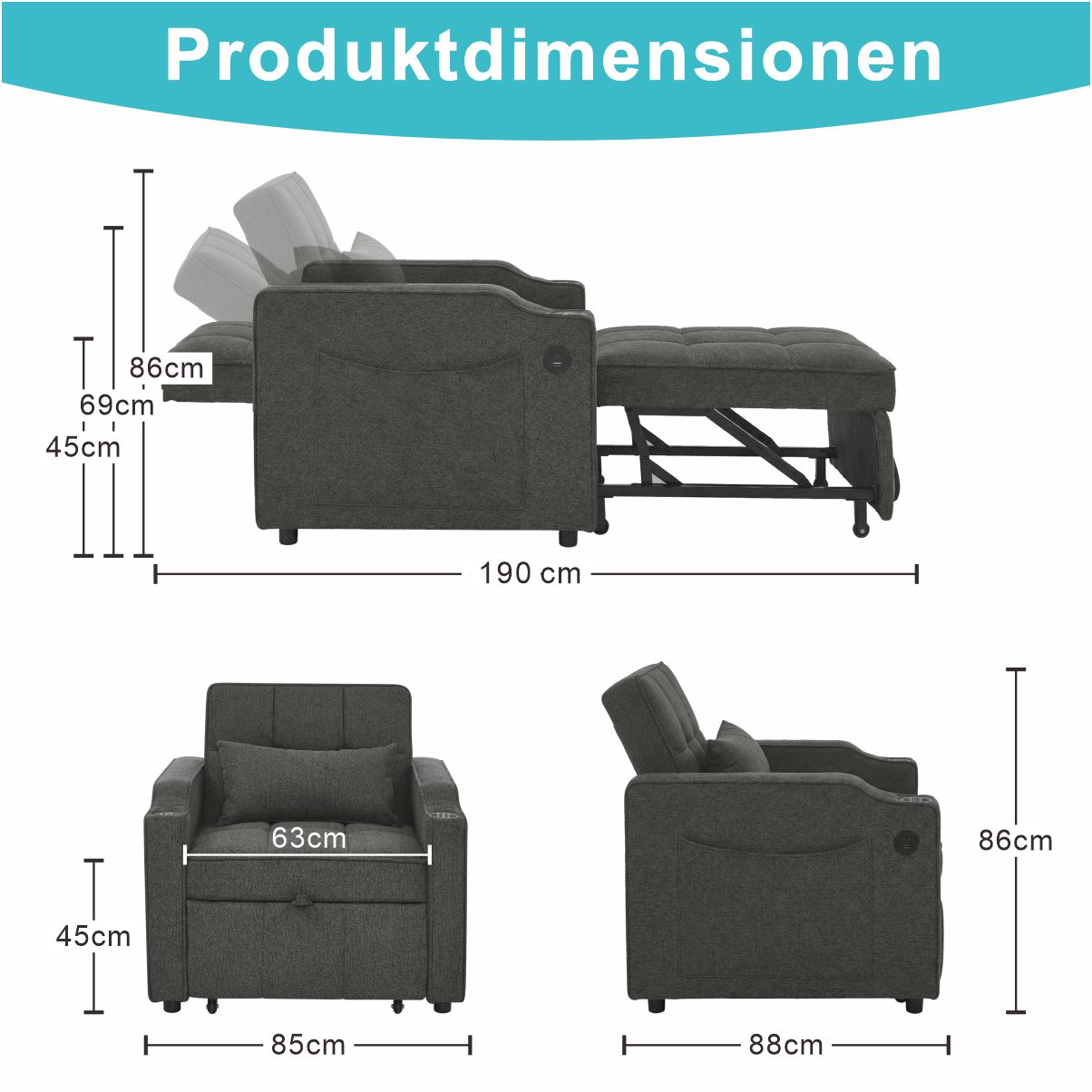 Fauteuil inclinable électrique avec USB et USB-C dans accoudoir, porte-gobelet acier inoxydable, poches latérales, montage rapide, pour salon et home cinéma, confort et technologie, massage et détente - image 4