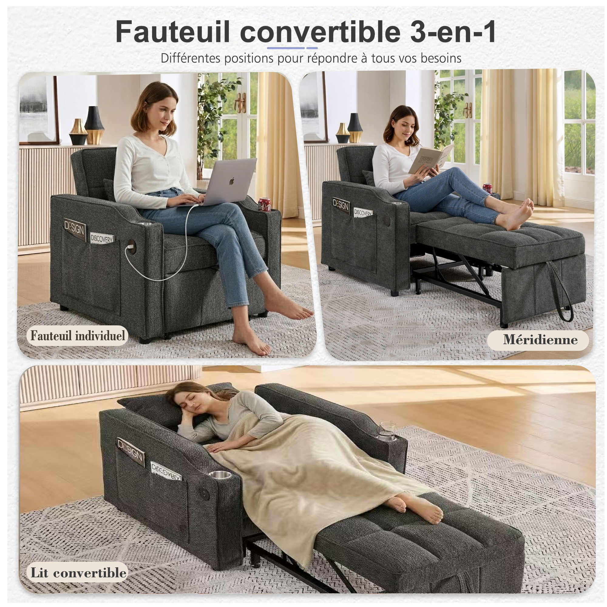 Fauteuil inclinable électrique avec USB et USB-C dans accoudoir, porte-gobelet acier inoxydable, poches latérales, montage rapide, pour salon et home cinéma, confort et technologie, massage et détente - image 12