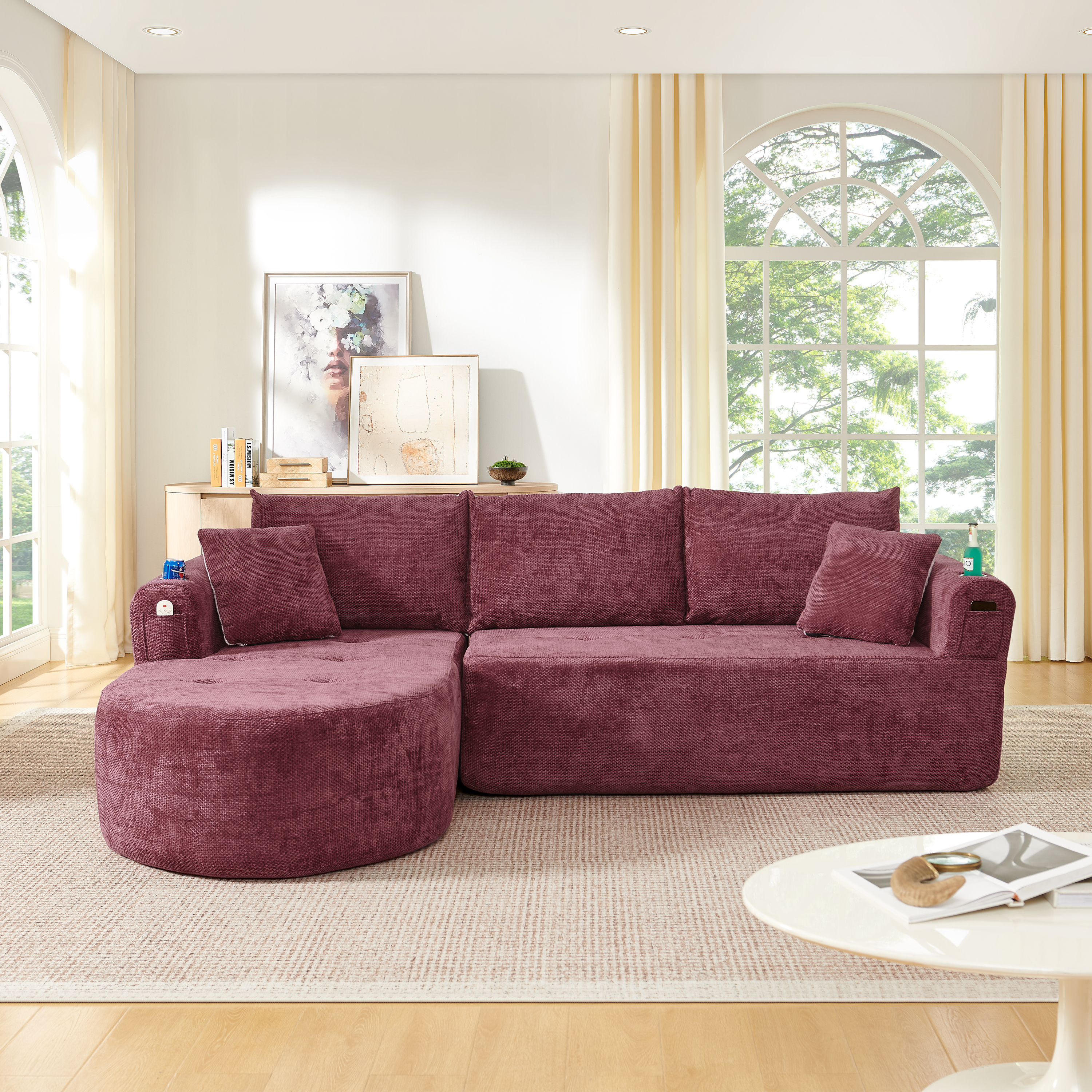 Canapé d’angle, sans montage, 255 x 170 x 67 cm, tissu effet lin et tissu, Claret Red - vue 5