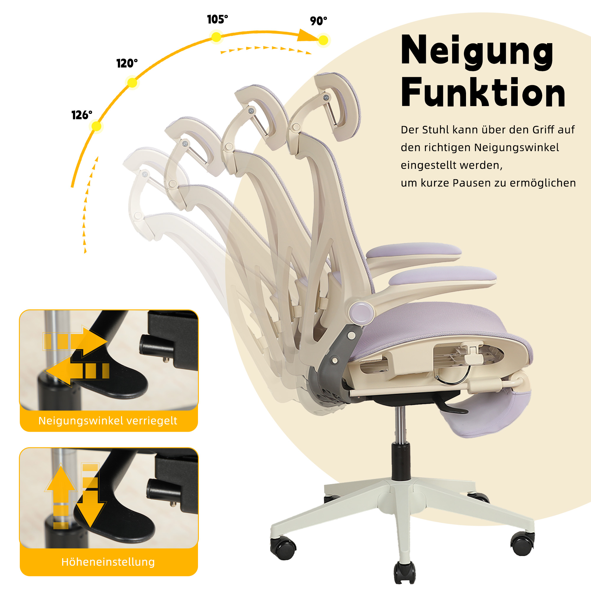 Chaise de bureau, 1 pièce, pliable, appui-tête réglable, 62 x 48,5 x 129 cm, Mesh, Purple - vue 2