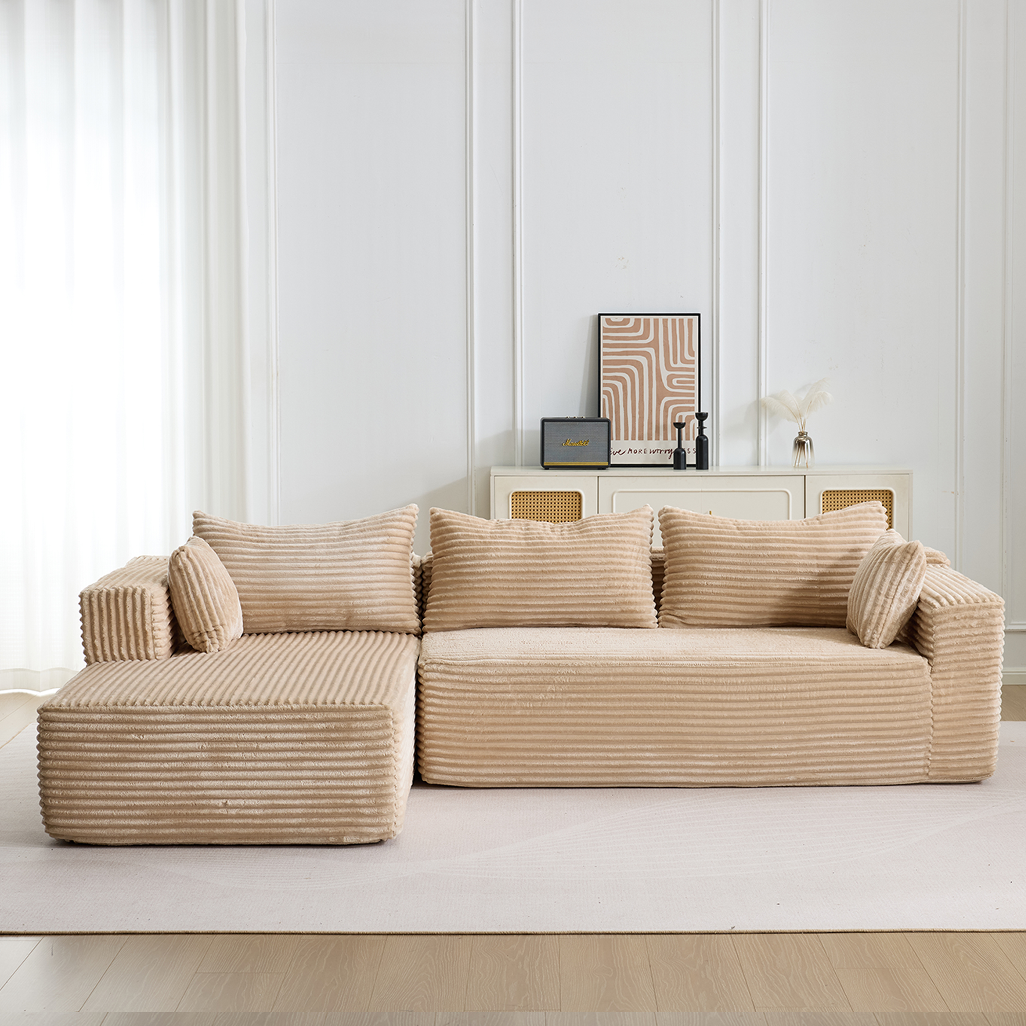 Canapé, fonction convertible, conception modulaire, configuration modulable, assise profonde, 279 x 179 x 83 cm, velours côtelé, beige - vue 2