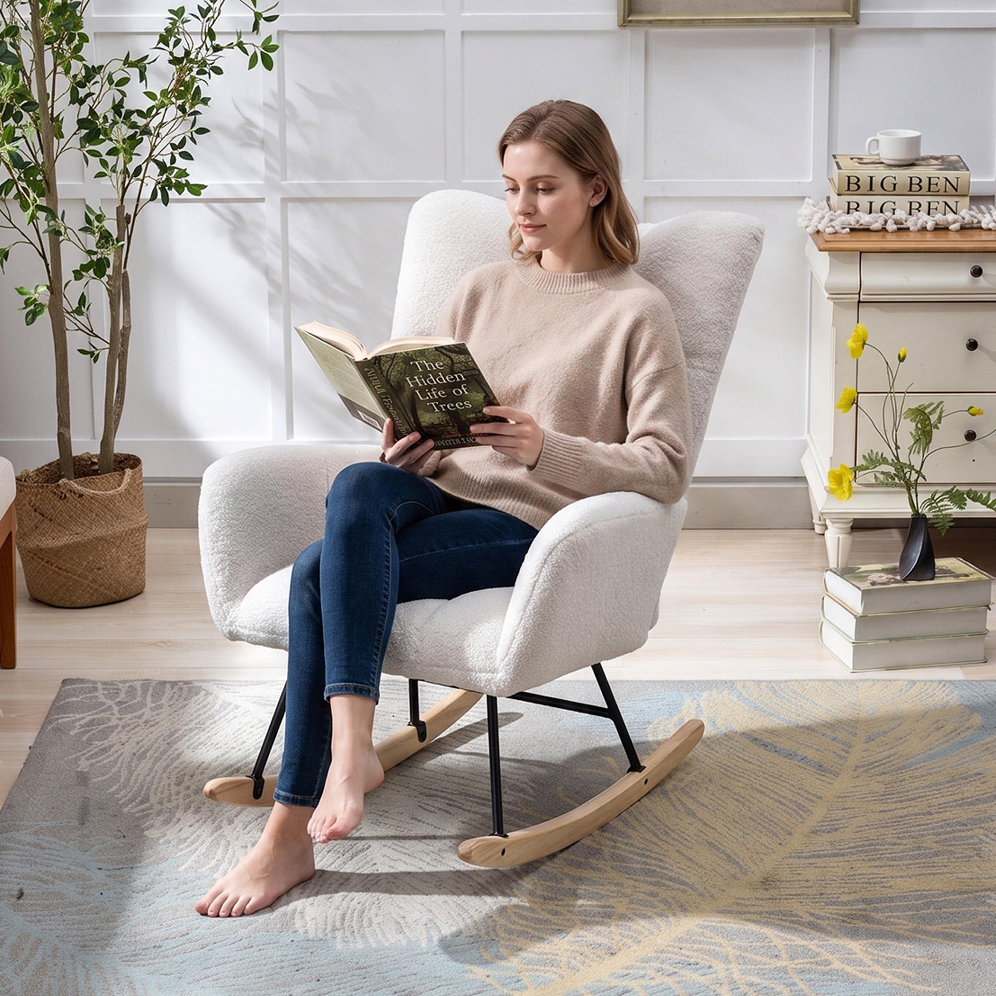 Fauteuil à bascule, 1 pièce, 65 x 77 x 90 cm, bois massif et tissu, blanc - vue 5