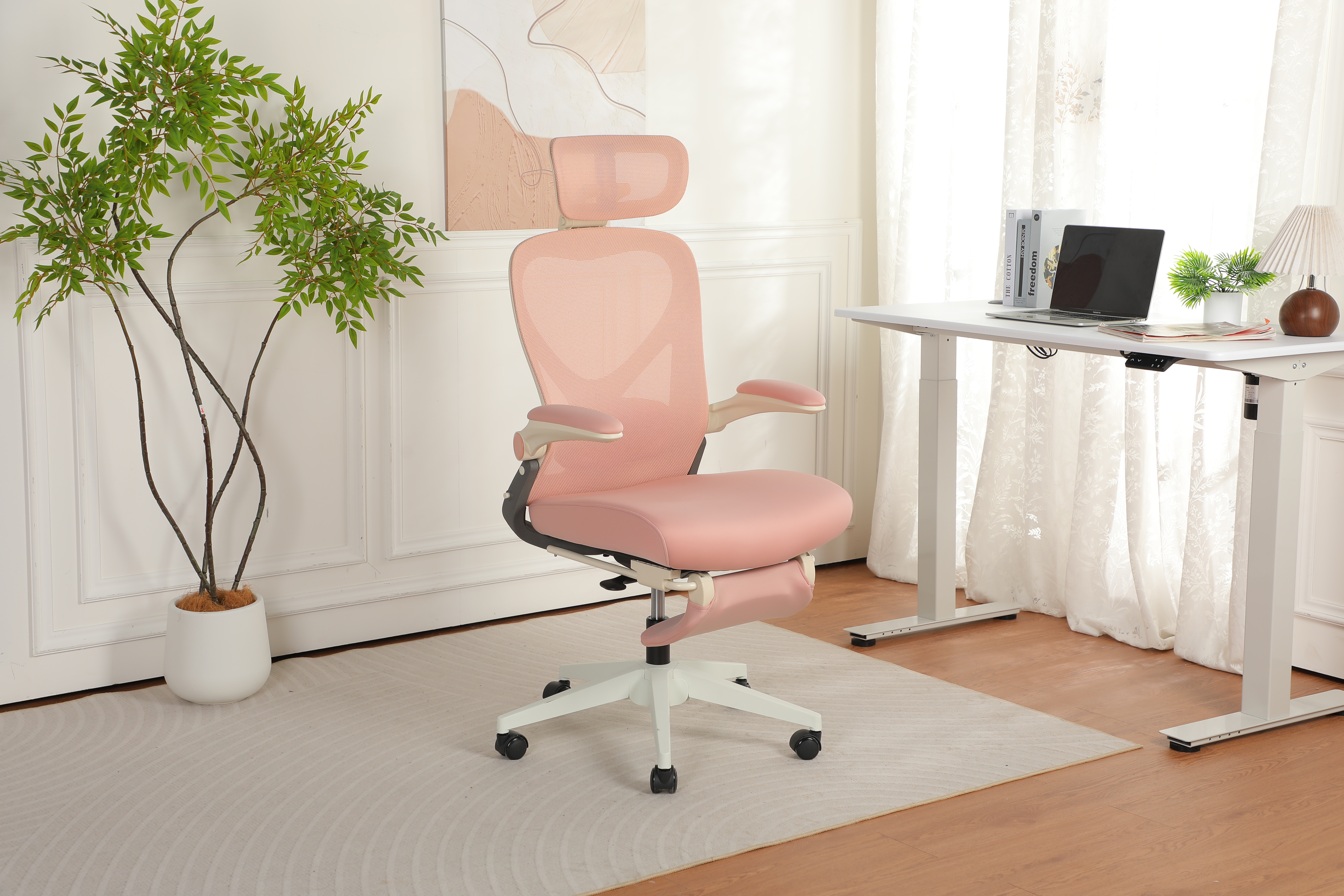 Chaise de bureau, 1 pièce, pliable, appui-tête réglable, 62 x 48,5 x 129 cm, mousse, rose - vue 3