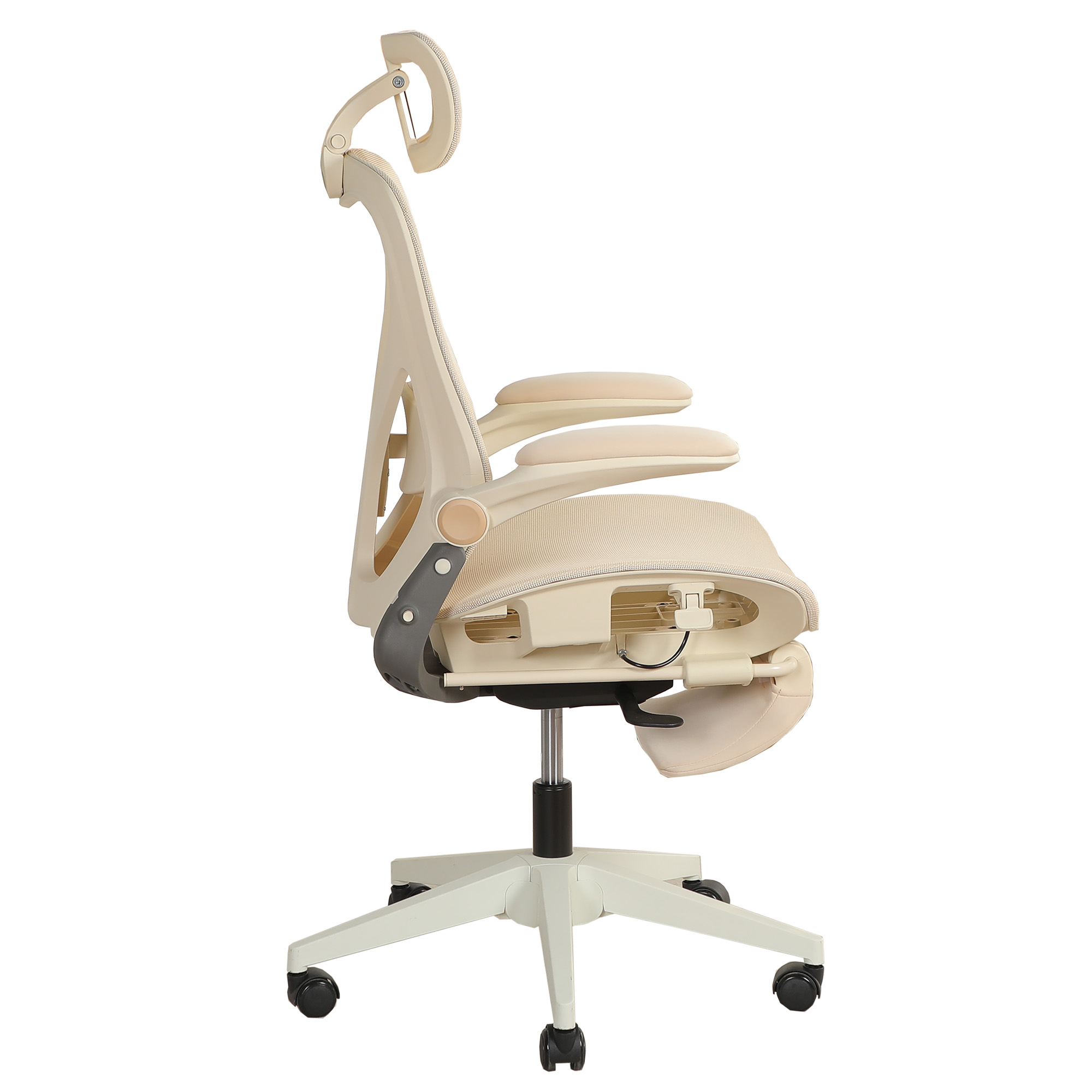 Chaise de bureau, 1 pièce, pliable, appui-tête réglable, 62 x 48,5 x 129 cm, Mesh, crème - vue 4