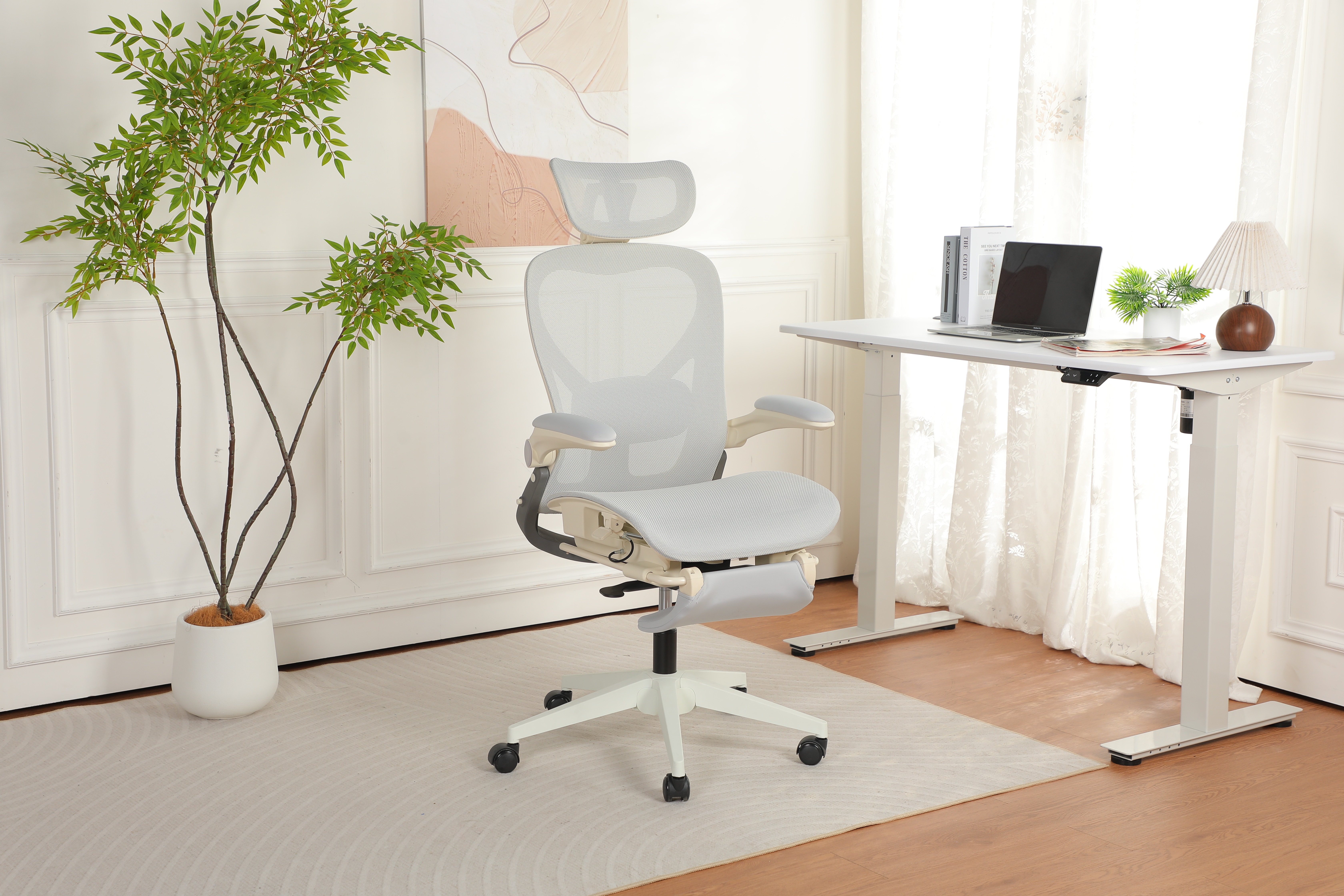 Chaise de bureau, 1 pièce, pliable, appui-tête réglable, 62 x 48,5 x 129 cm, Mesh, gris - vue 4