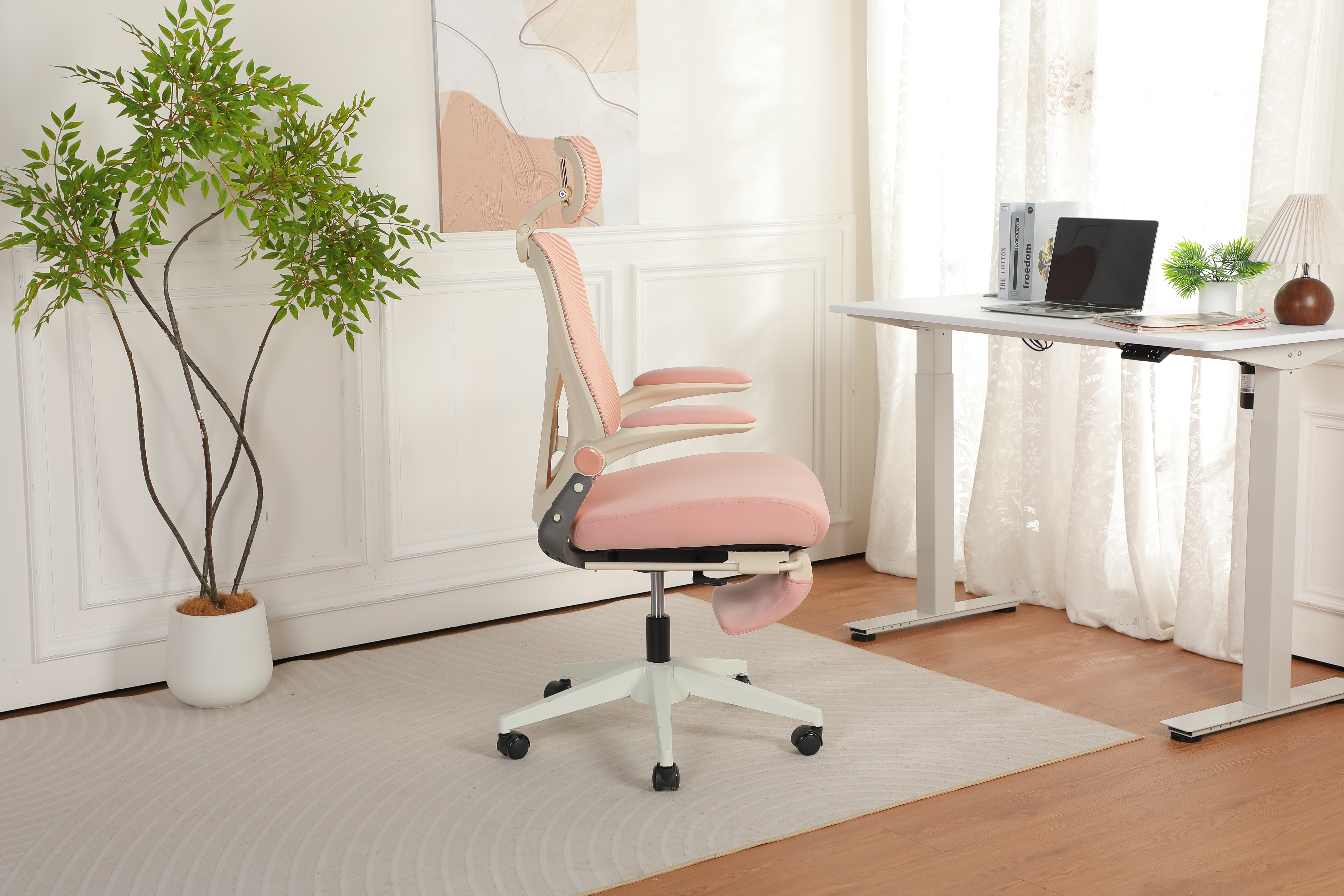 Chaise de bureau, 1 pièce, pliable, appui-tête réglable, 62 x 48,5 x 129 cm, mousse, rose - vue 5