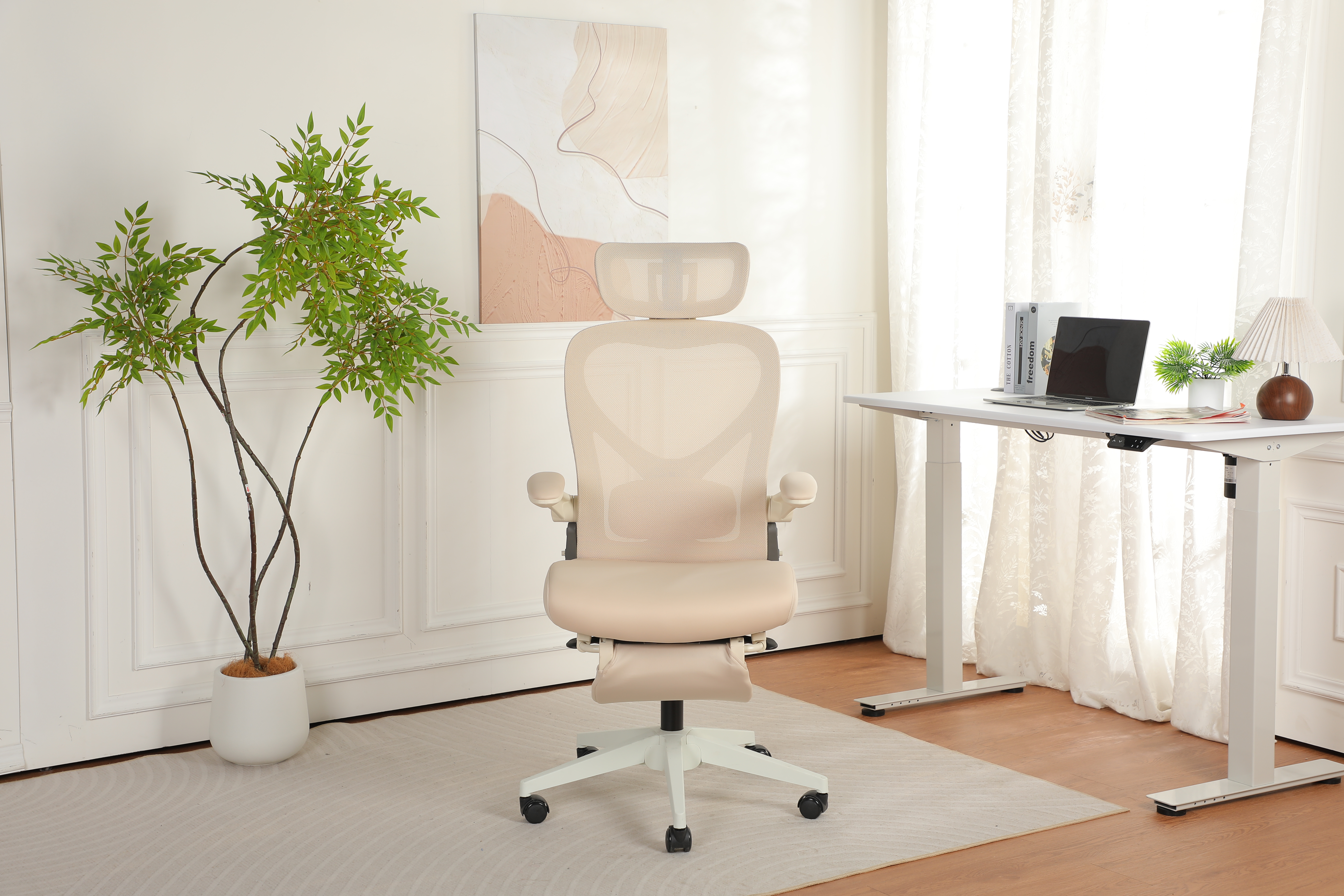 Chaise de bureau, 1 pièce, pliable, appui-tête réglable, 62 x 48,5 x 129 cm, mousse, crème - vue 5
