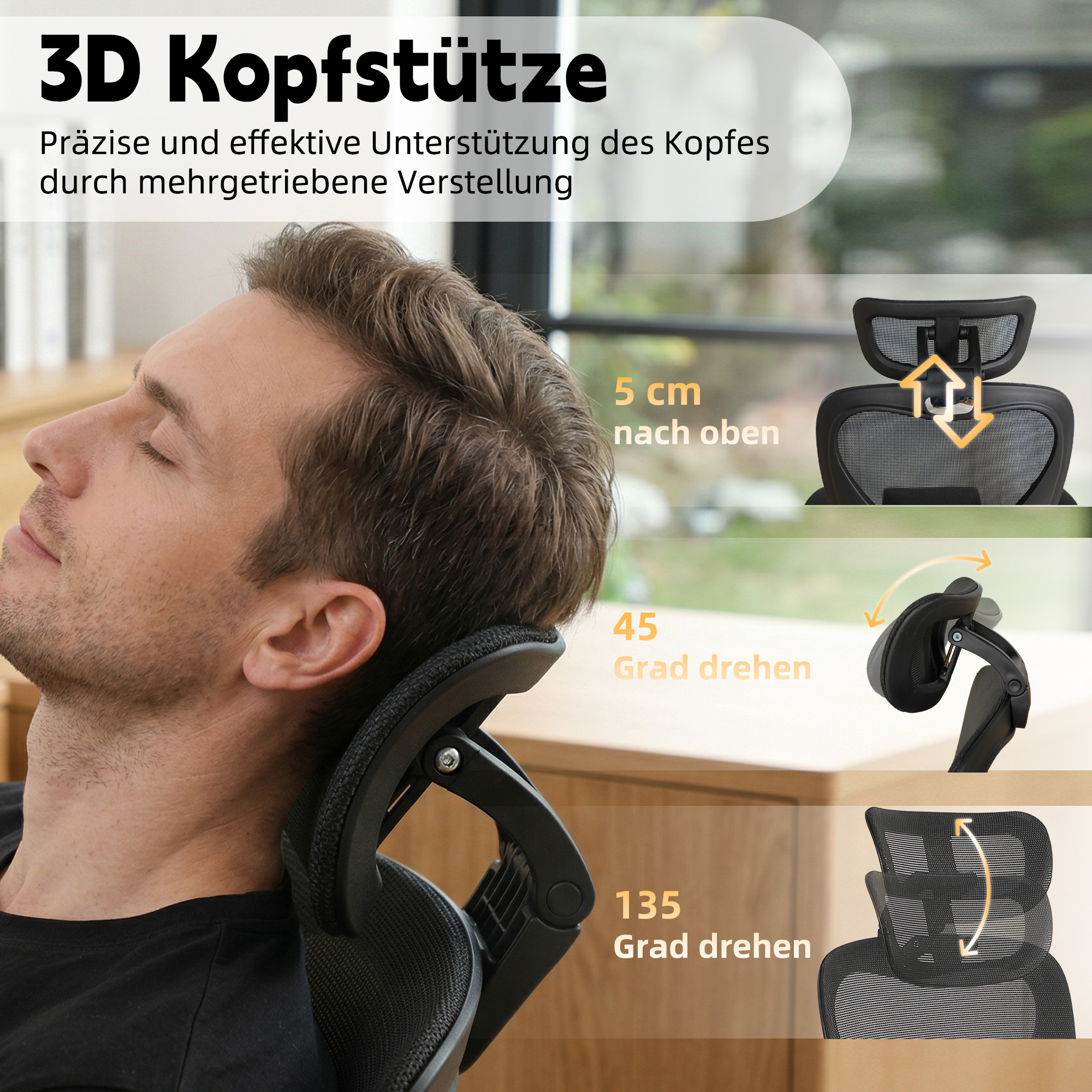 Chaise de bureau, 1 pièce, pliable, appui-tête réglable, 62 x 48,5 x 129 cm, Mesh, noir - vue 2