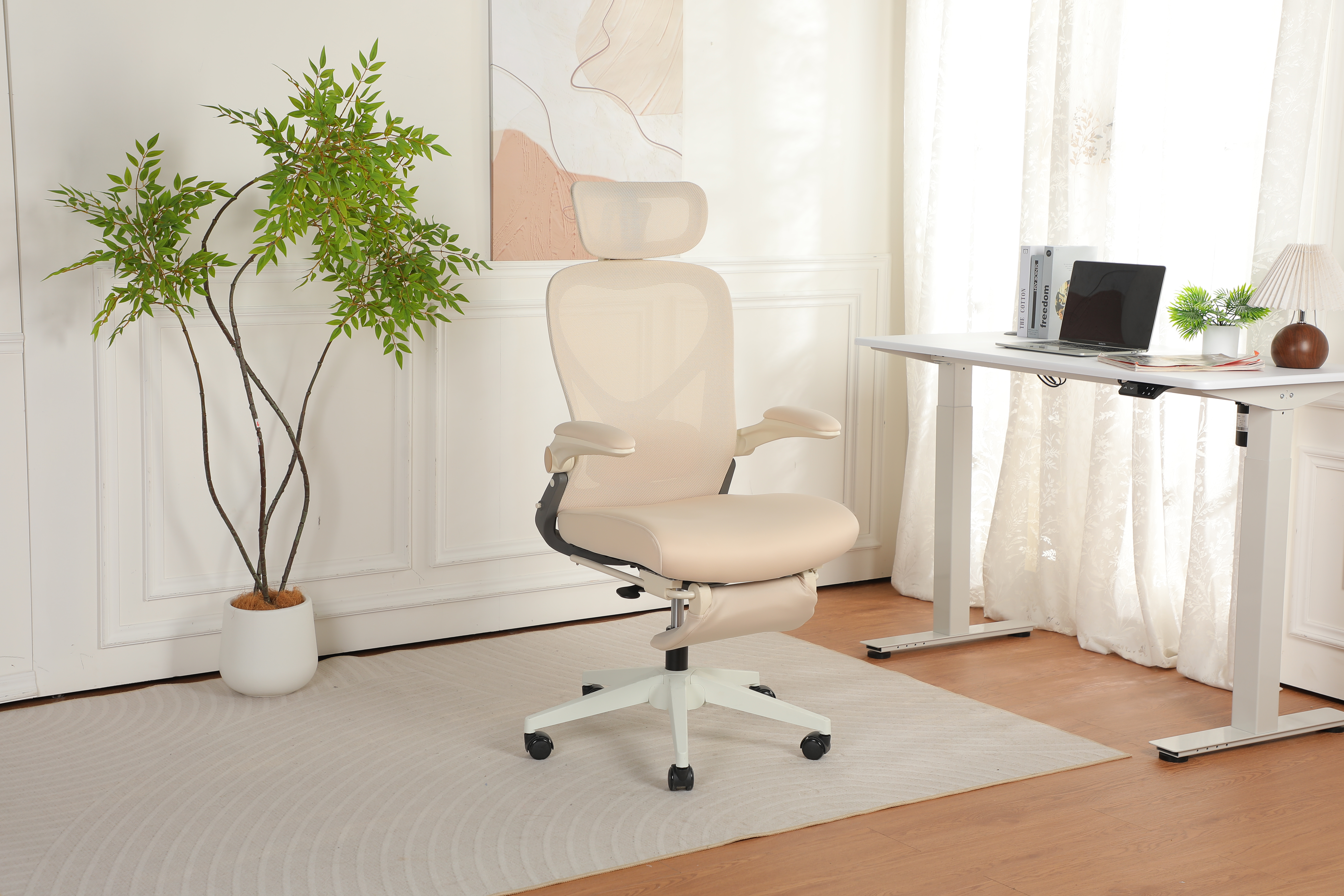 Chaise de bureau, 1 pièce, pliable, appui-tête réglable, 62 x 48,5 x 129 cm, mousse, crème - vue 4