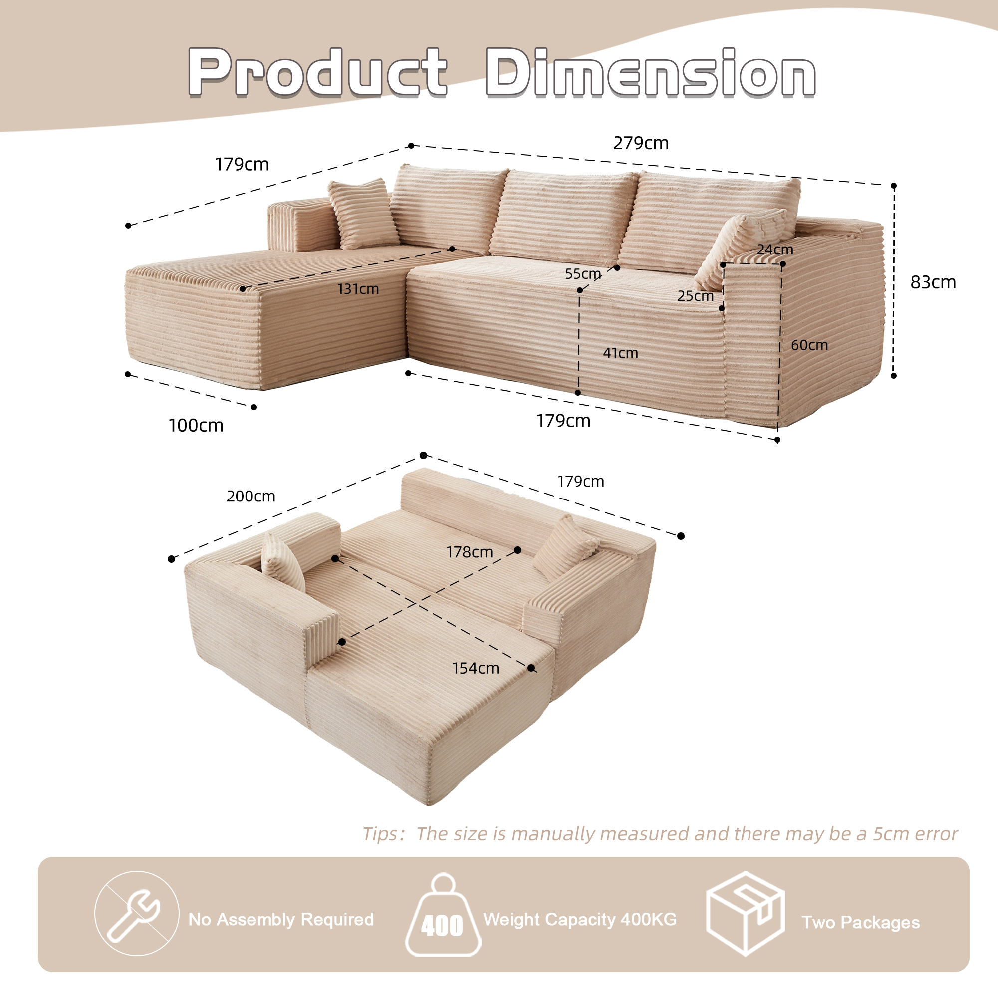 Canapé, fonction convertible, conception modulaire, configuration modulable, assise profonde, 279 x 179 x 83 cm, velours côtelé, beige - vue 3