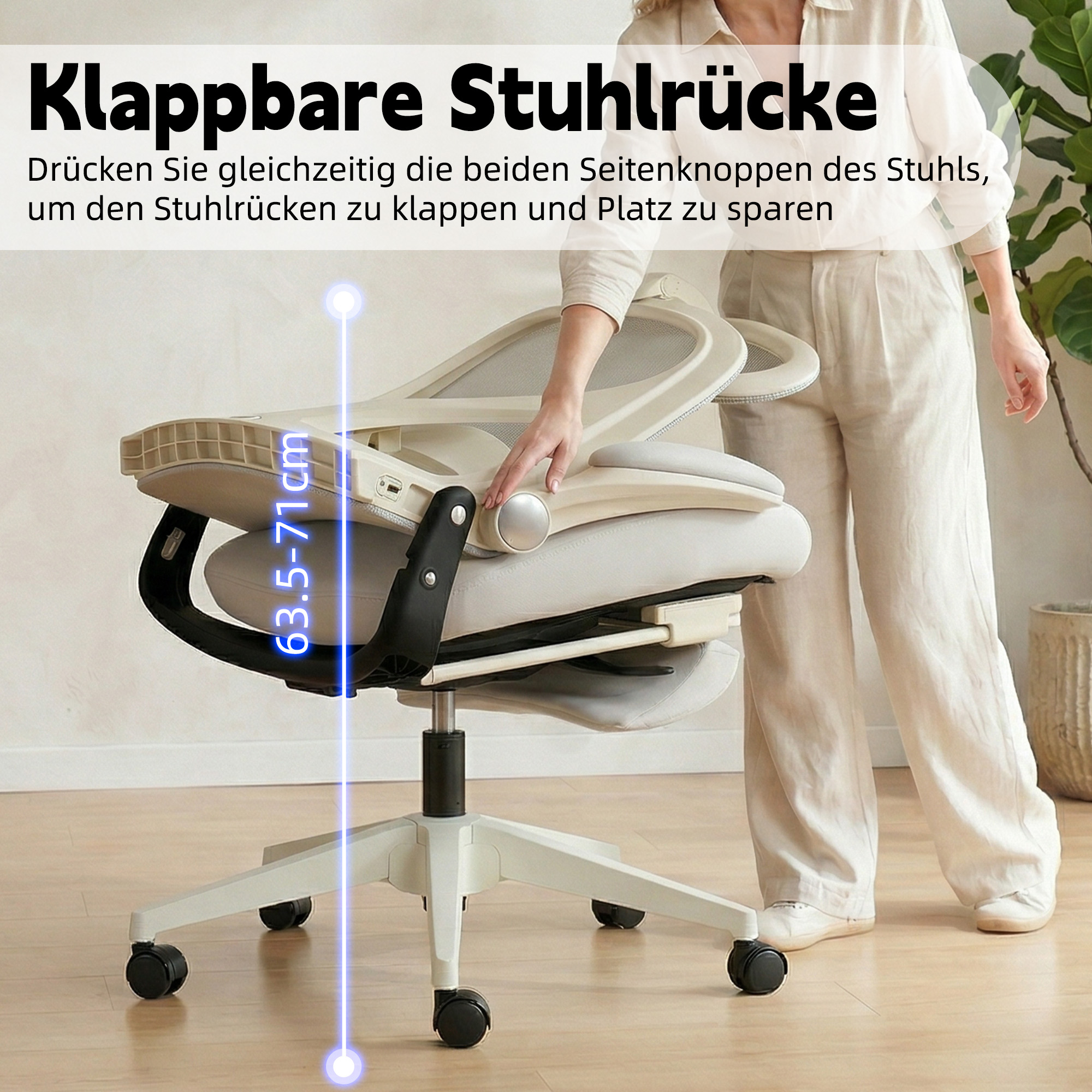 Chaise de bureau, 1 pièce, pliable, appui-tête réglable, 62 x 48,5 x 129 cm, mousse, gris - vue 2