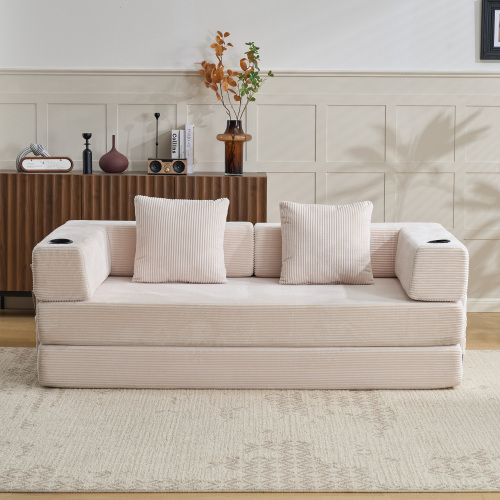 Canapé-lit pliable blanc en position canapé et couchage