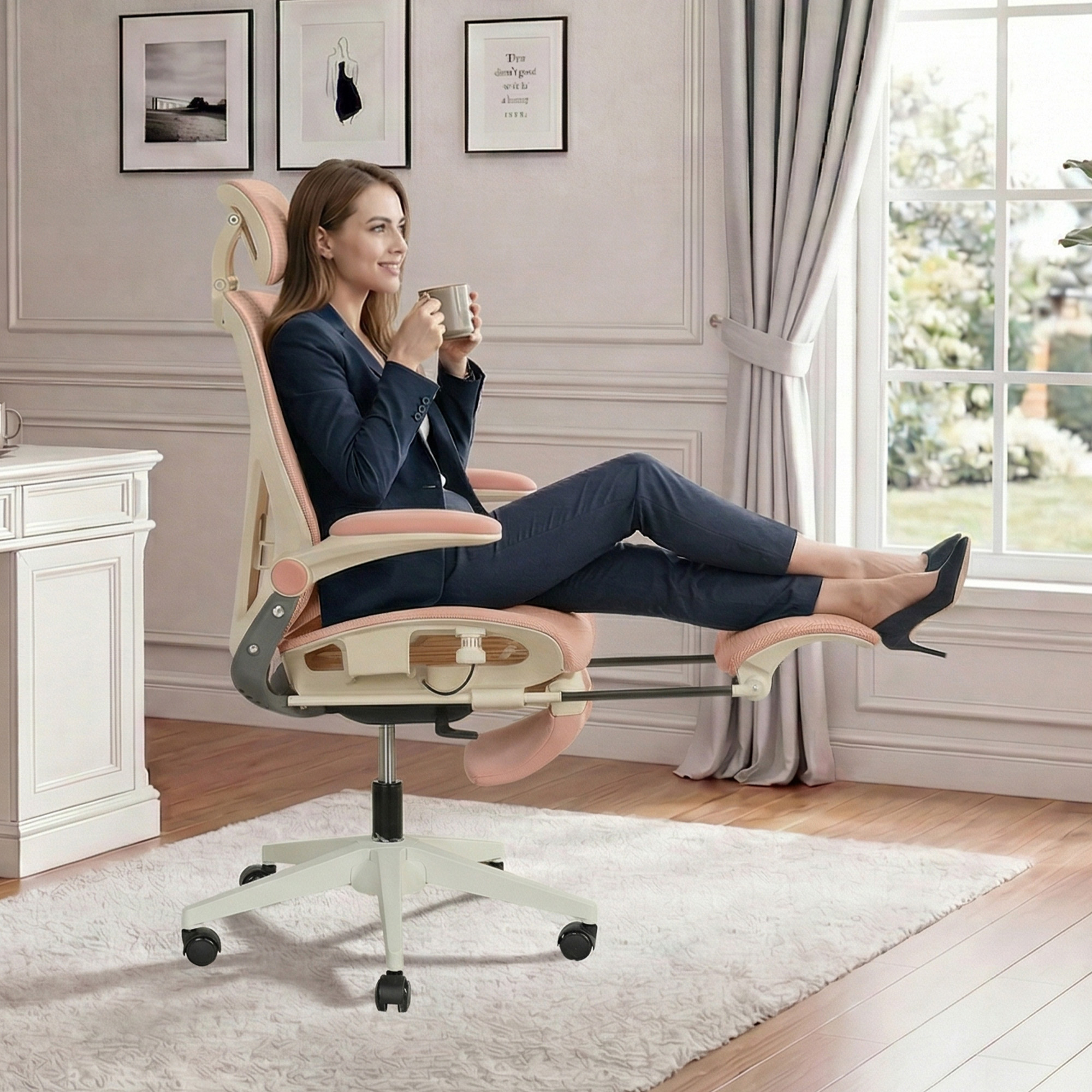 Chaise de bureau, 1 pièce, pliable, appui-tête réglable, 62 x 48,5 x 129 cm, Mesh, rose - vue 5
