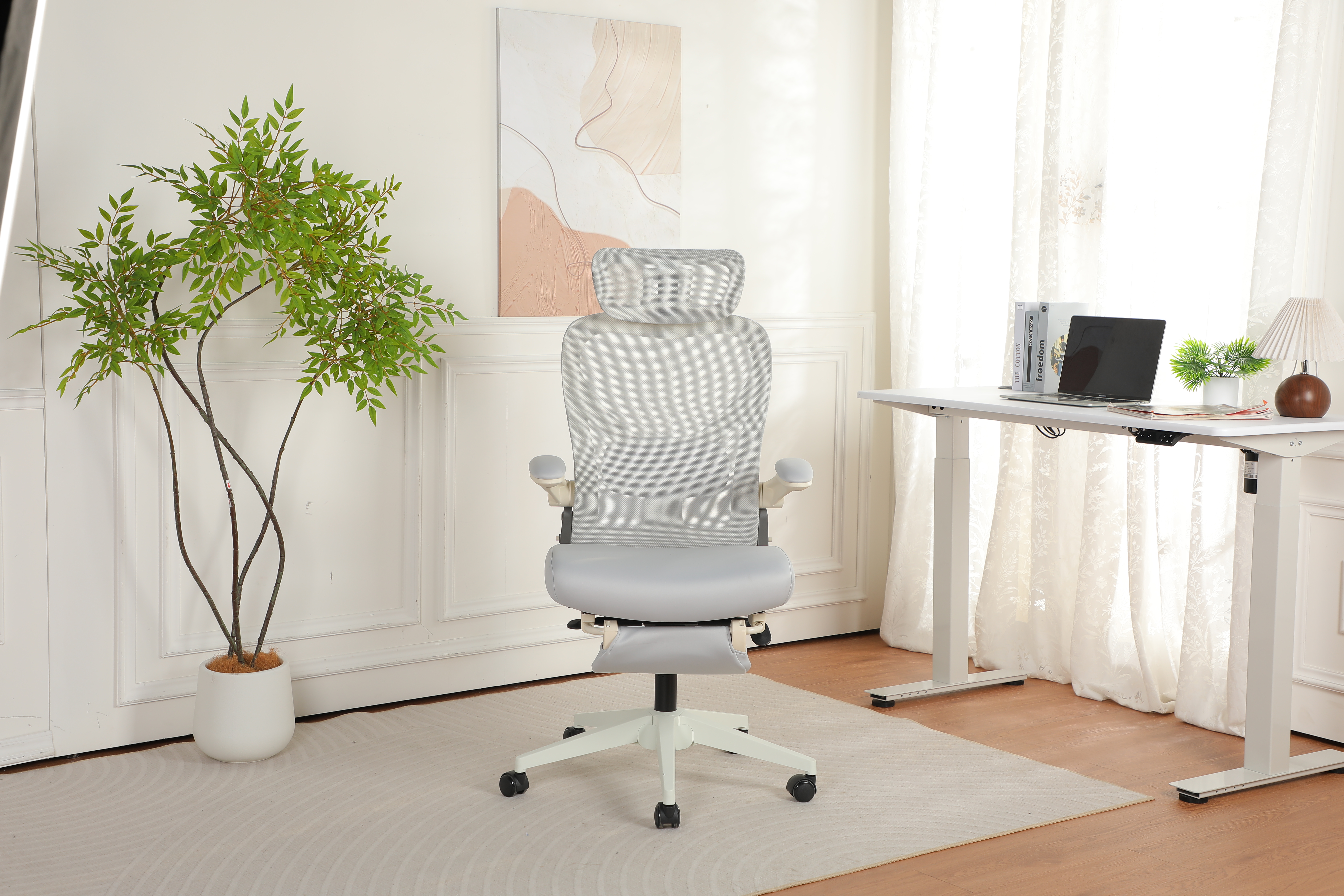 Chaise de bureau, 1 pièce, pliable, appui-tête réglable, 62 x 48,5 x 129 cm, mousse, gris - vue 5