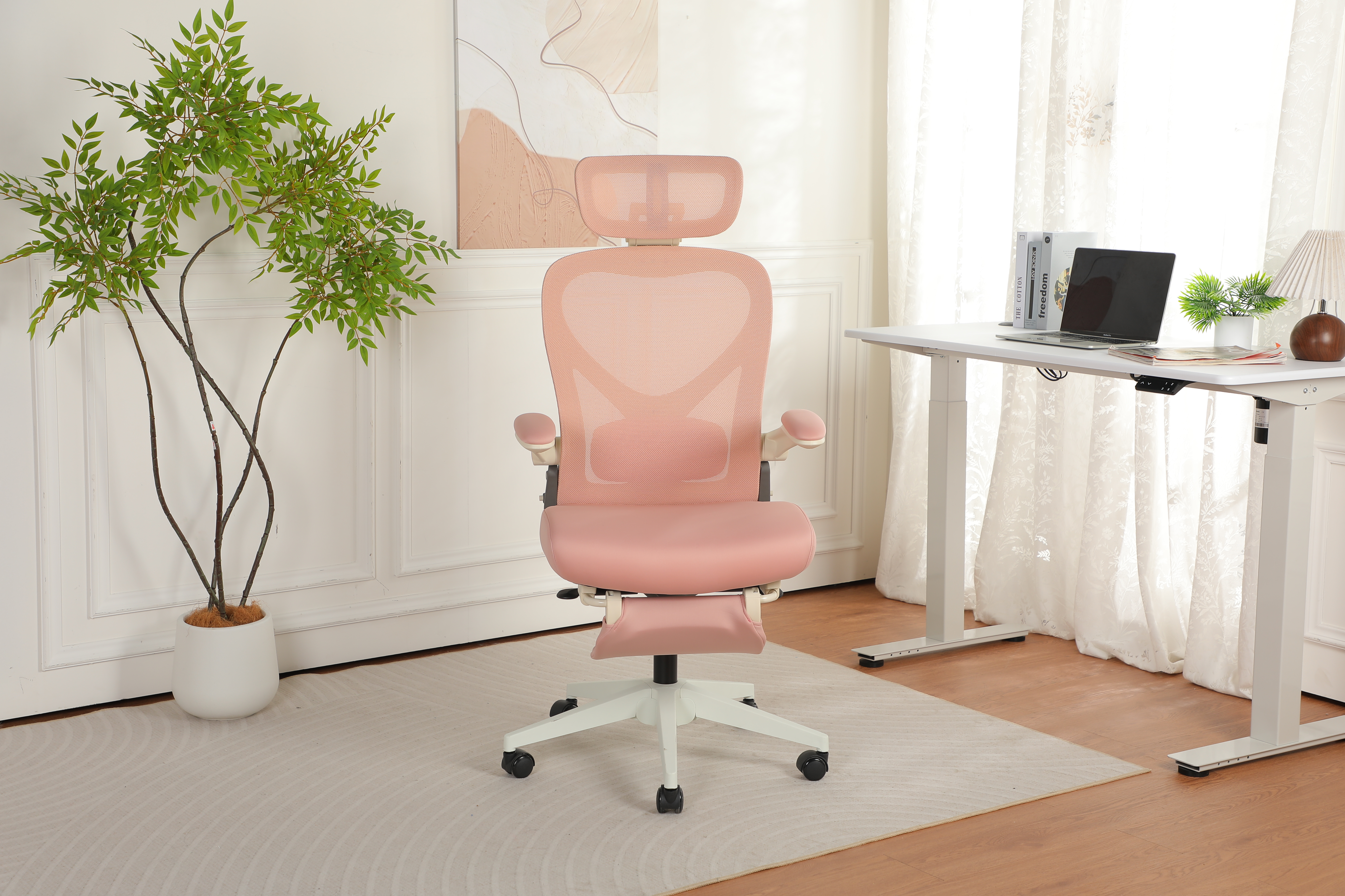 Chaise de bureau, 1 pièce, pliable, appui-tête réglable, 62 x 48,5 x 129 cm, mousse, rose - vue 4