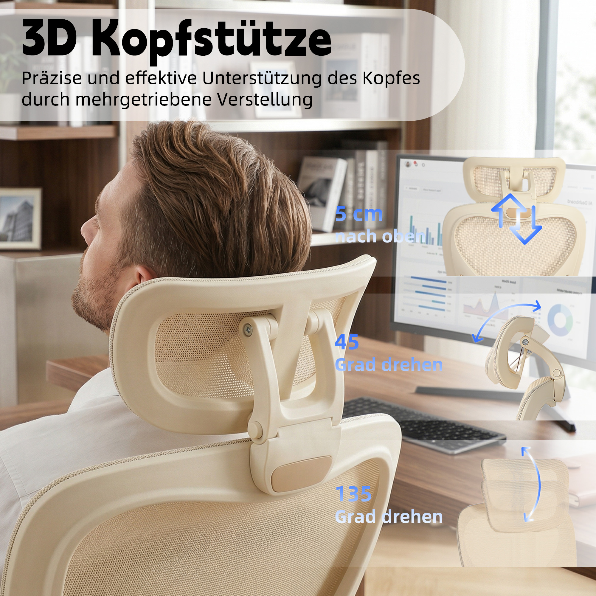 Chaise de bureau, 1 pièce, pliable, appui-tête réglable, 62 x 48,5 x 129 cm, mousse, crème - vue 2